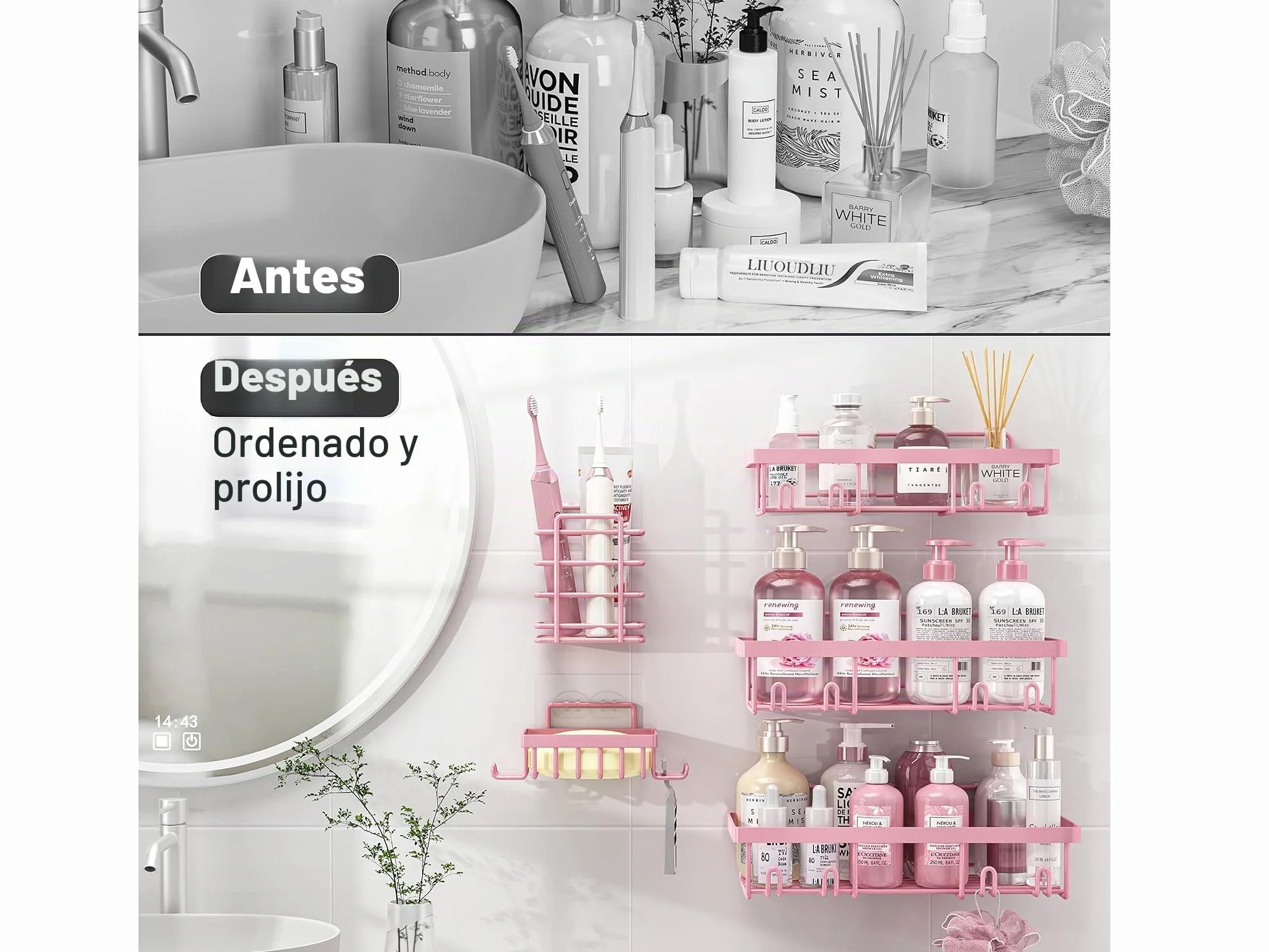Liuoud Paquete de 5 estantes organizadores de ducha para regadera interior, cesta de almacenamiento adhesiva de pared de baño de acero inoxidable, soporte de champú de acero inoxidable, juego de