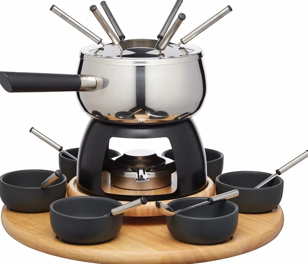 Artesà Juego de Fondue con Plato Giratorio Lazy Susan, Olla de Fondue de Acero Inoxidable con Quemador, Recipientes y Utensilios, Juego de 22 Piezas, Negro