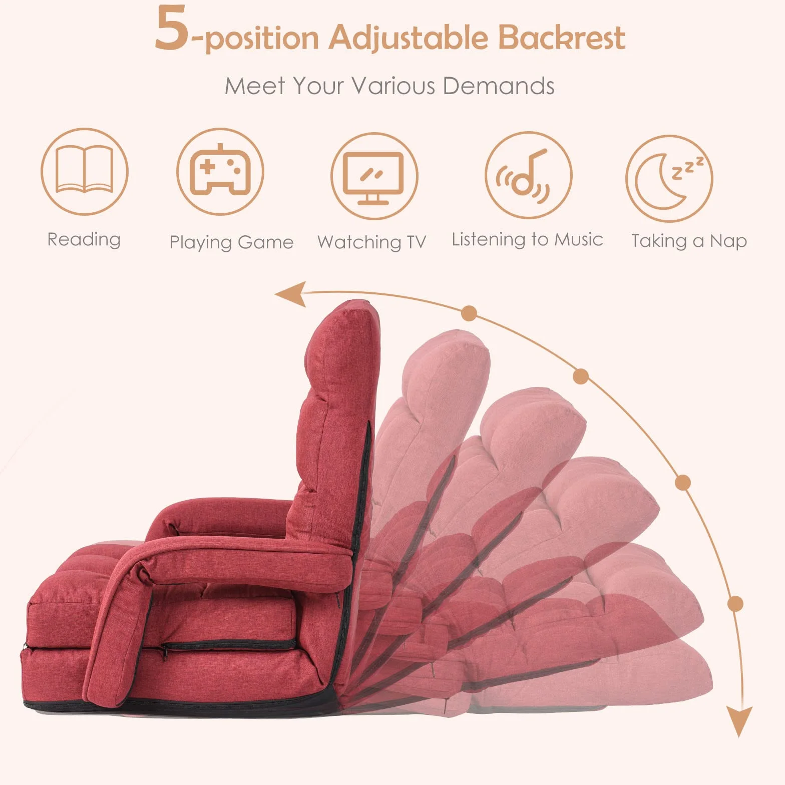 LIFEZEAL Sillón Individual Convertible, sofá Cama Plegable con Respaldo Ajustable en 5 Posiciones, Silla Suelo de 1 Plaza con cojín y reposabrazos, para salón, Dormitorio (Rojo)