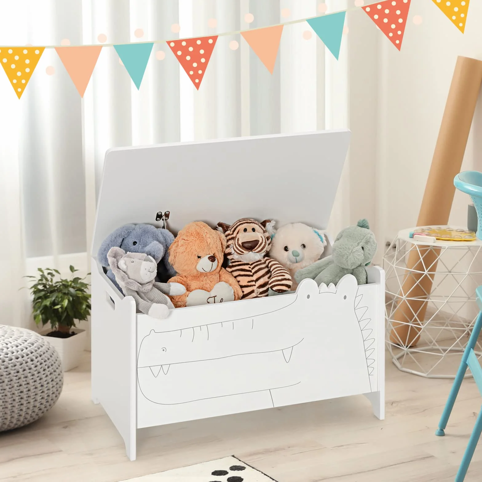 COSTWAY Caja de Almacenamiento de Juguetes de Madera, Cajón Infantil con Bisagra de Seguridad 33x60x37,5cm Blanco