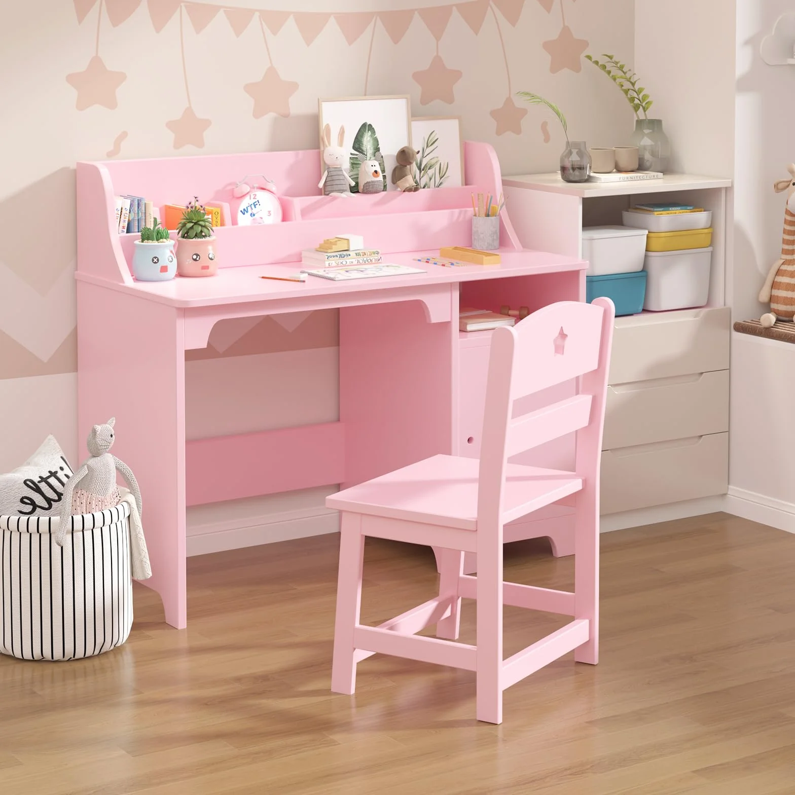 Escritorio Infantil con Silla de Madera con Estantes y Taquilla para Niños de 3+ Años
