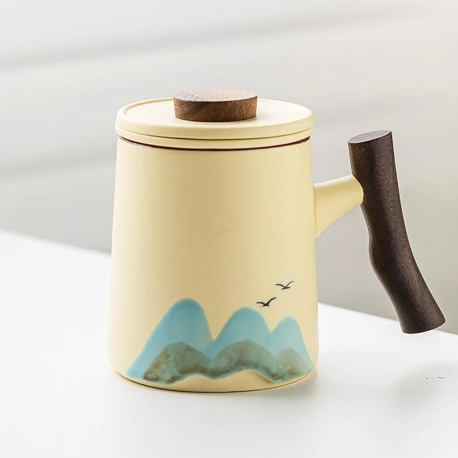 Tetera y taza ceramica te artesanal con colador interno tapa y asa diseño oriental premium matcha negro colores variados set regalo lujo te infusiones cafe japon oriental china caja (AMARILLA)