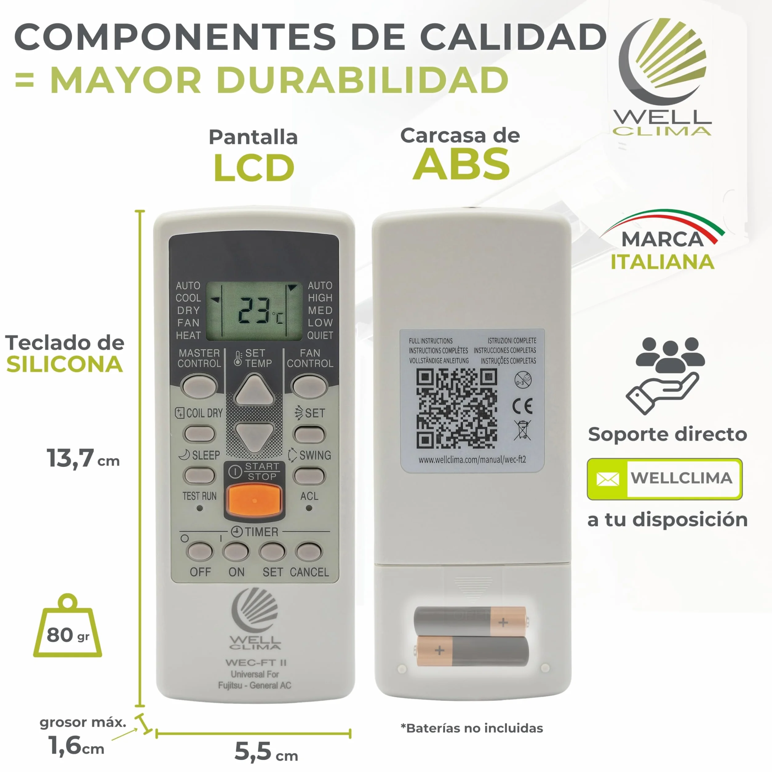 Wellclima WEC-FT II Mando Universal Compatible con Aires Acondicionados Fujitsu y General, Funciones Avanzadas, 4 Velocidades de Ventilador