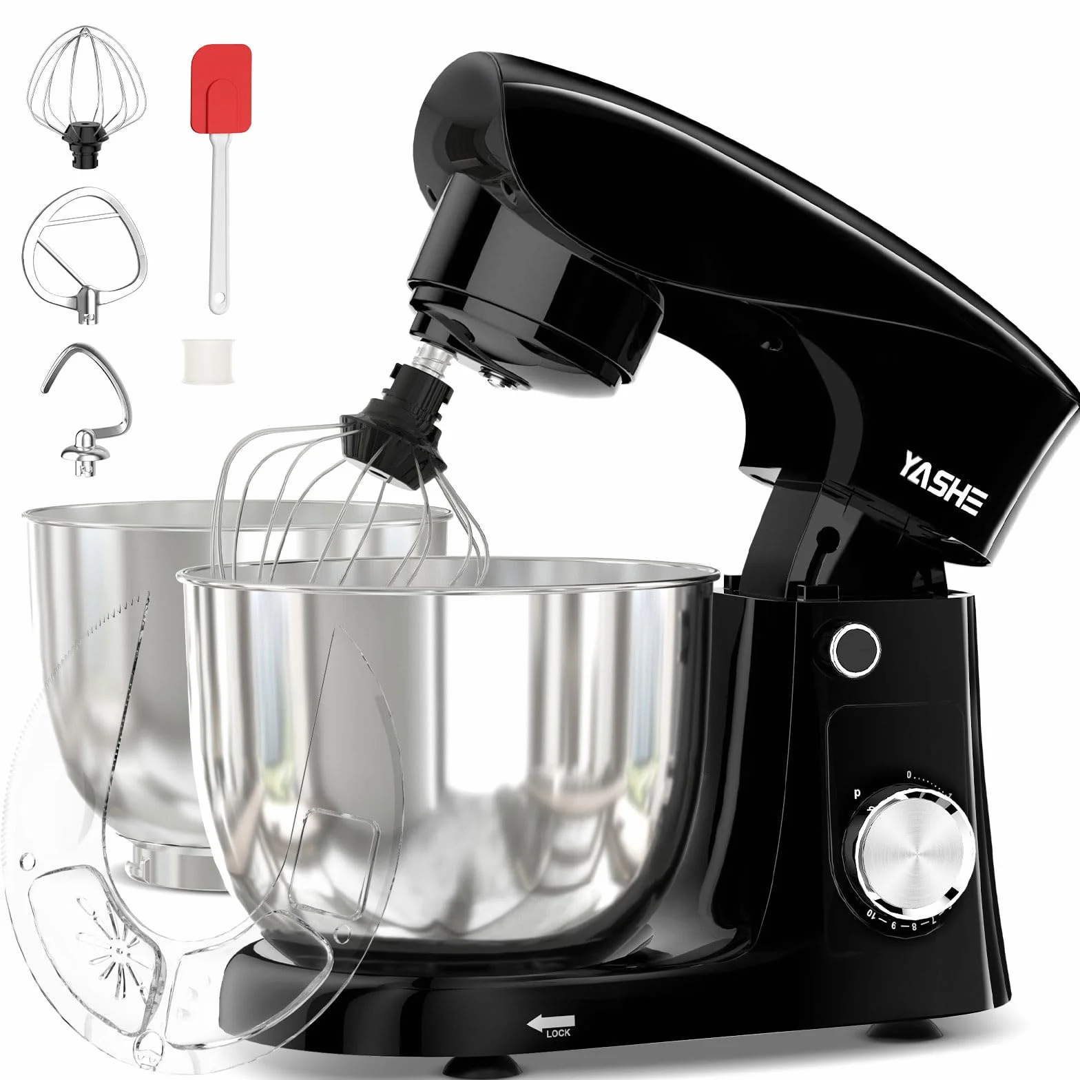 YASHE Batidora Amasadora 1500W, 4,5 + 5L Doble Bol de Acero Inoxidable, 10+P Velocidades, Movimiento Planetario, Cabezal Inclinable, Gancho para Masa, Batidor y Varillas