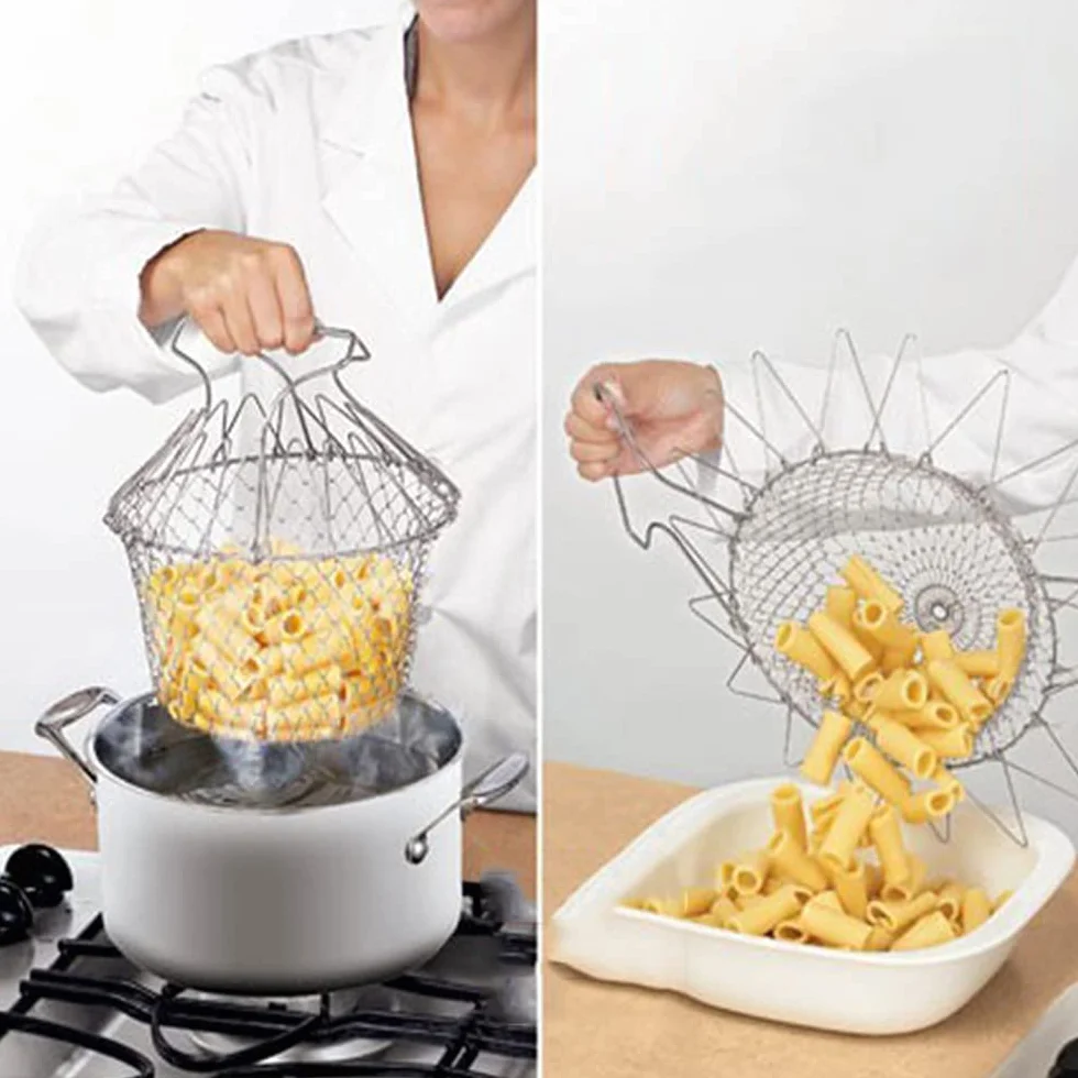 Enjuague de Vapor Plegable Fry Chef Cesta de Malla Acero Inoxidable Colador Herramientas de Cocina