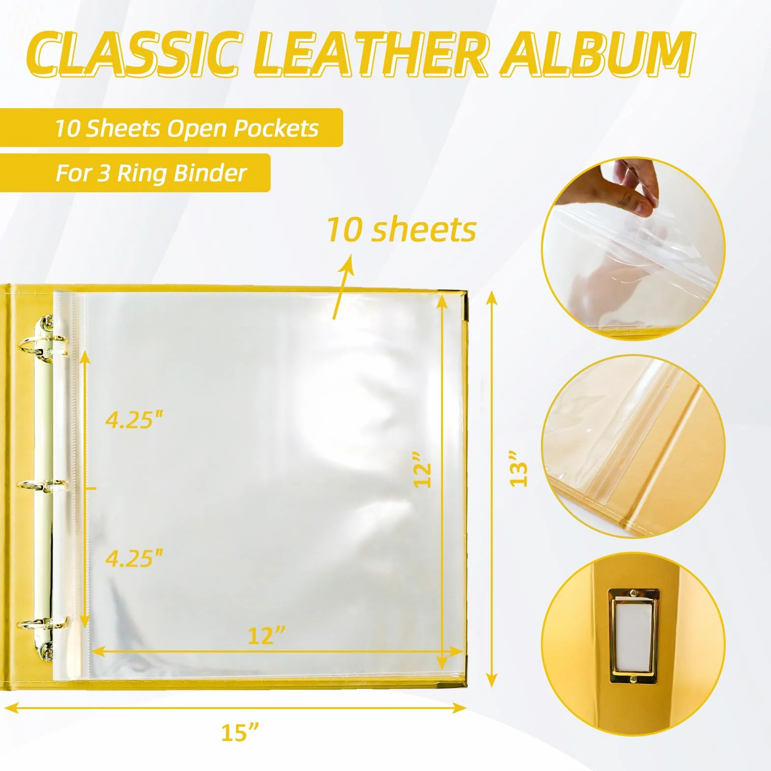 Álbum de fotos de 12 x 12 pulgadas, carpeta de 3 anillas, cubierta de piel, álbum de recortes de 12 x 12 pulgadas, anillo en D con 10 fundas de plástico, color amarillo