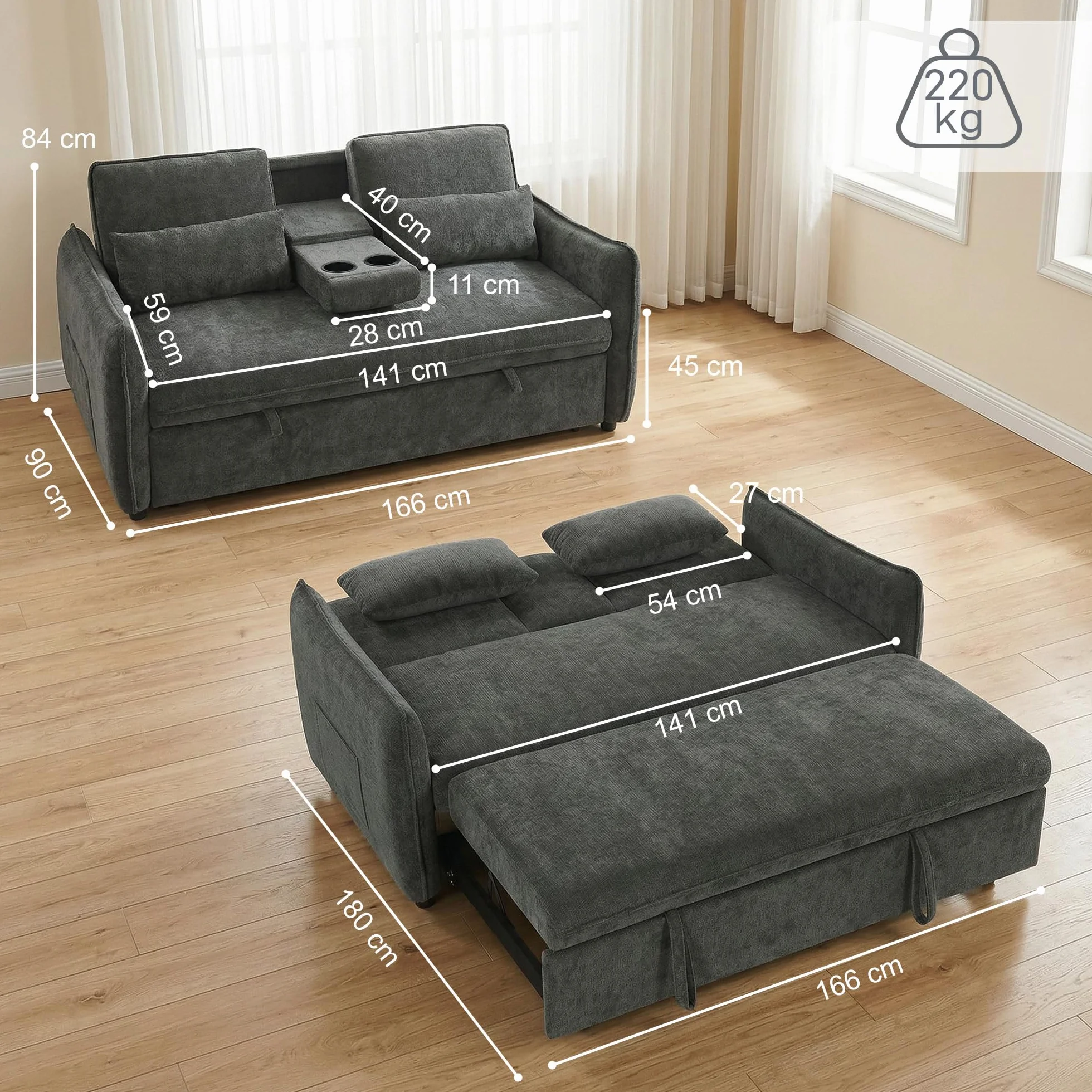 HOMCOM Sofá Cama 2 Plazas 3 en 1, Sofá Cama de Chenilla con Mesa Auxiliar, Portavasos, Respaldo Ajustable, Bolsillos Laterales, 2 Almohadas para Sala de Estar, Espacios Pequeños, Gris Oscuro