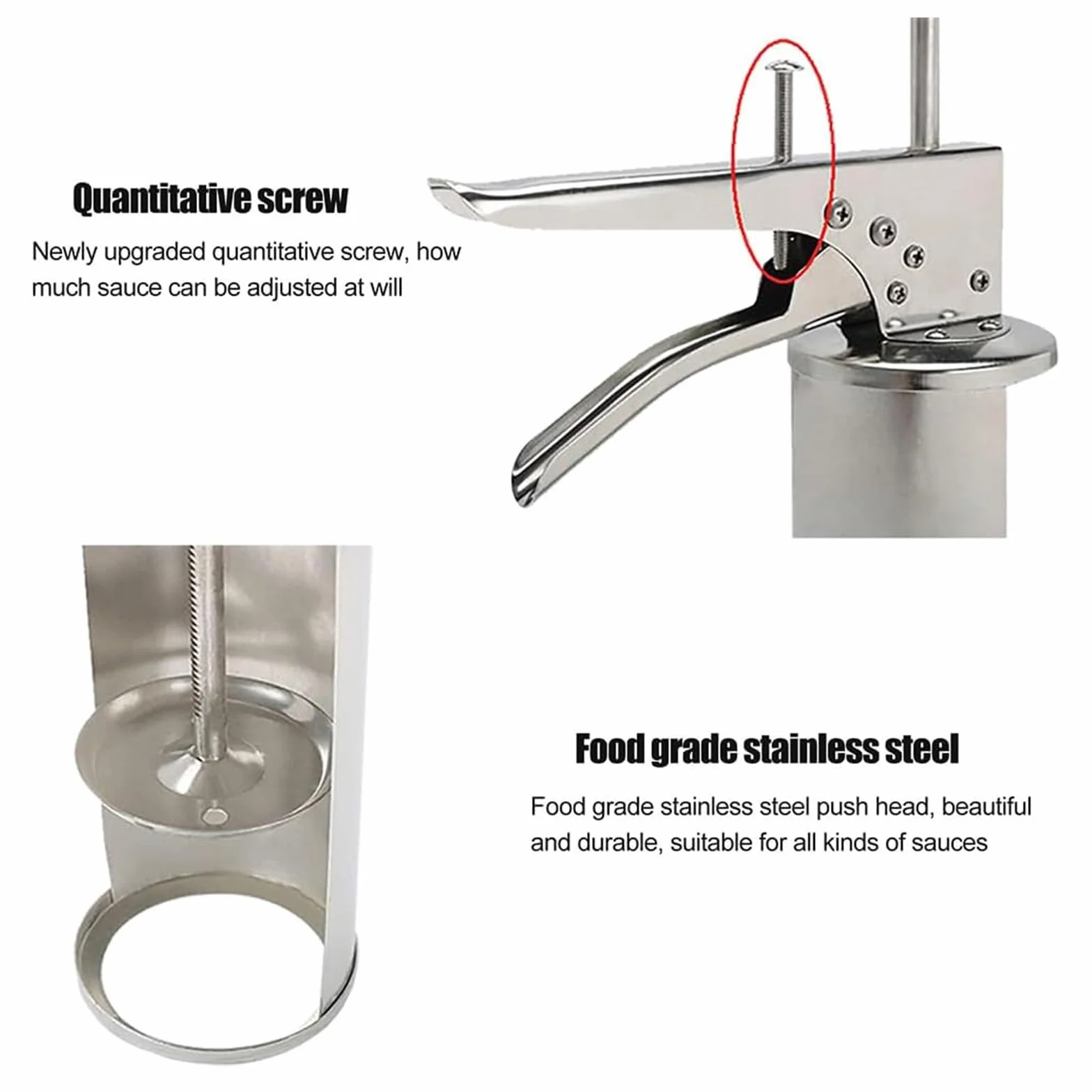 Pistola dispensadora de salsa, contenedor dosificador de acero inoxidable de 650 ml para cocina, ideal para tomate, ensalada y salsas de fresa, fácil de usar y limpiar