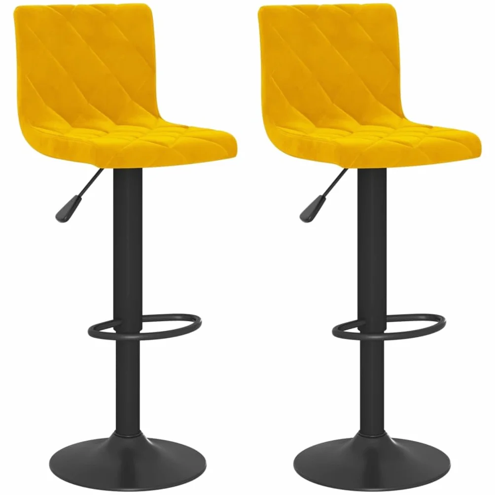 Juego de 2 taburetes de bar de terciopelo amarillo mostaza, altura regulable, 90-111 cm, con respaldo, taburete giratorio 360°, estructura de acero negro y reposapiés para mostrador de cocina