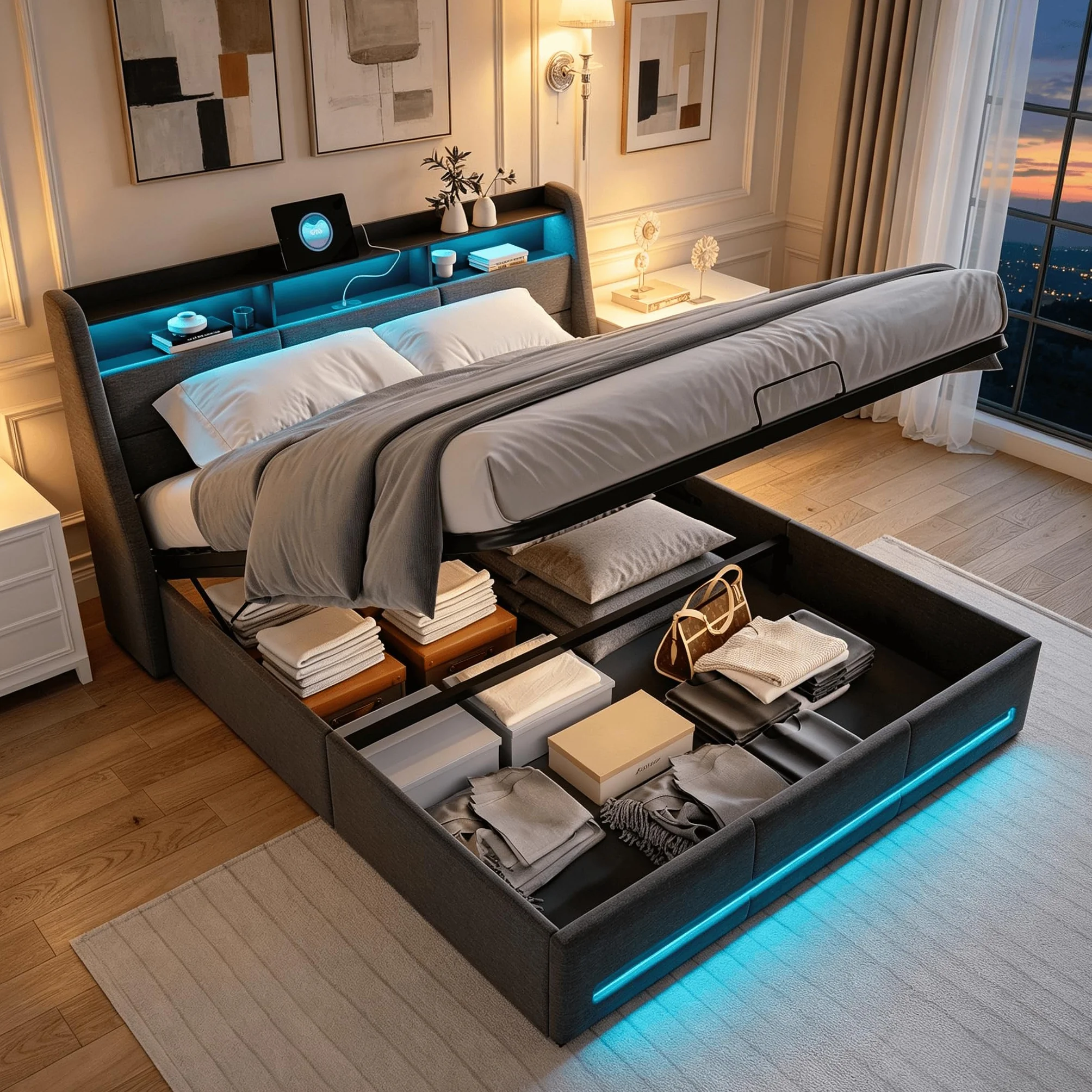 BRILVERDE Cama Canapé 160x200 cm en Lino Beige con LED y Puertos USB/USB-C, Gran Almacenaje, Cabecero con Estantes, Somier de Láminas, Cama Doble Adultos y Jóvenes