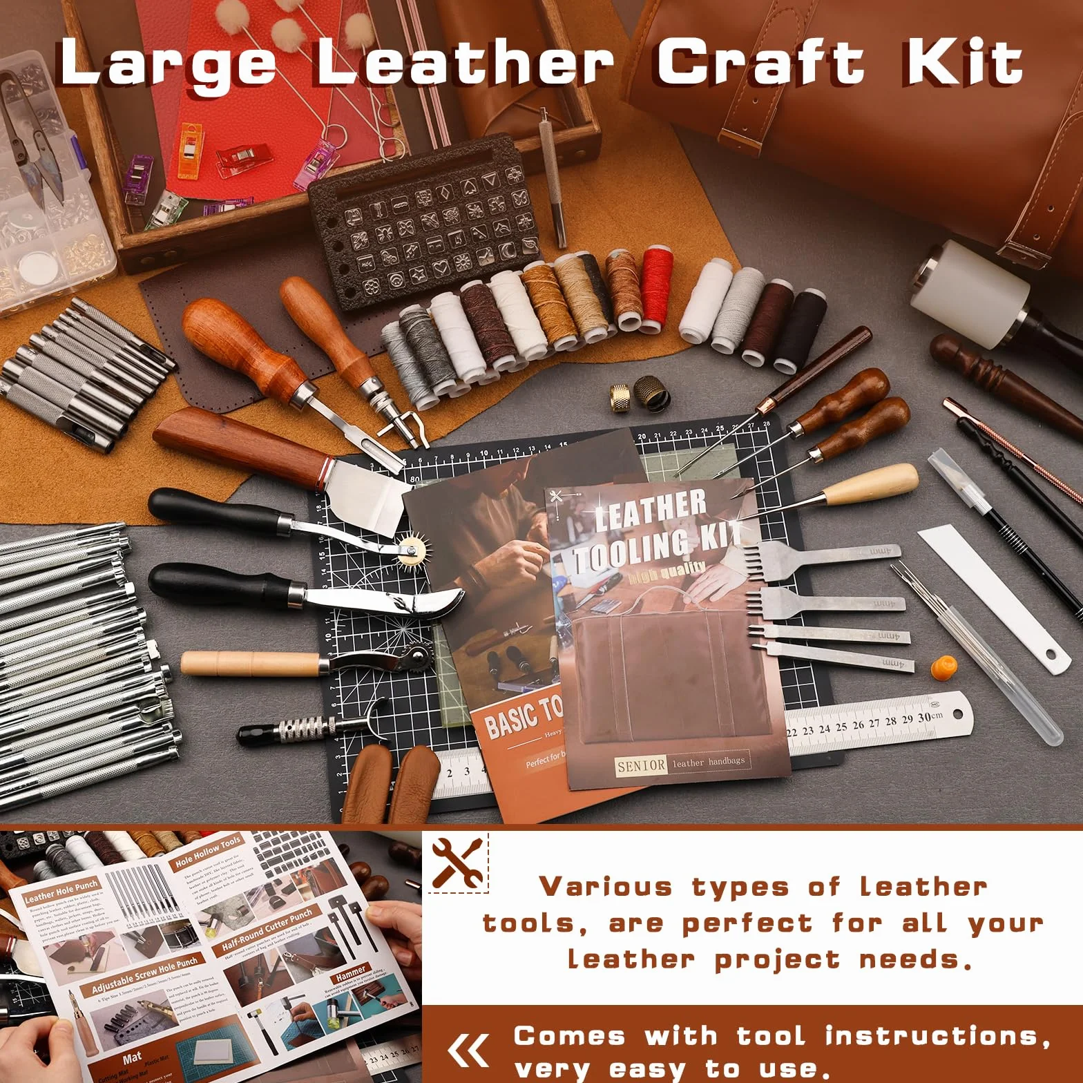 TLKKUE Kit de herramientas de cuero, herramientas de artesanía de cuero, kit de trabajo de cuero con alfombrillas de corte de bolso personalizadas, grabado, perforación, costura, estampado,