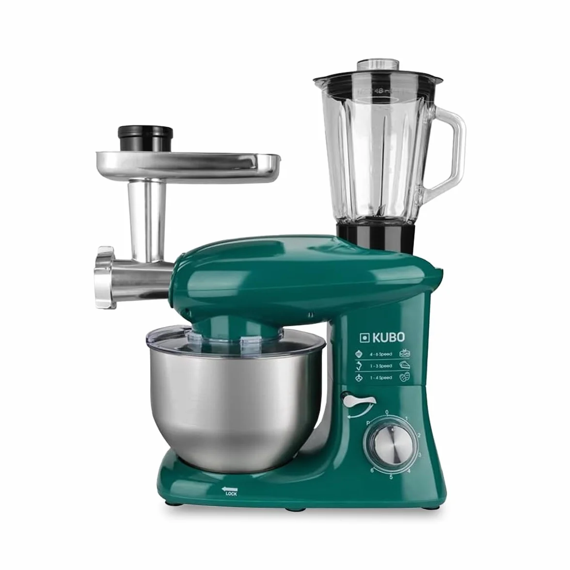 Kubo - Robot de Cocina - 7 Accesorios: Vaso de Licuadora, Picadora de Carne, Tazón Grande, Tapa Protectora, Batidor, Batidora y Amasadora - Color: Verde - Capacidad: 6 litros