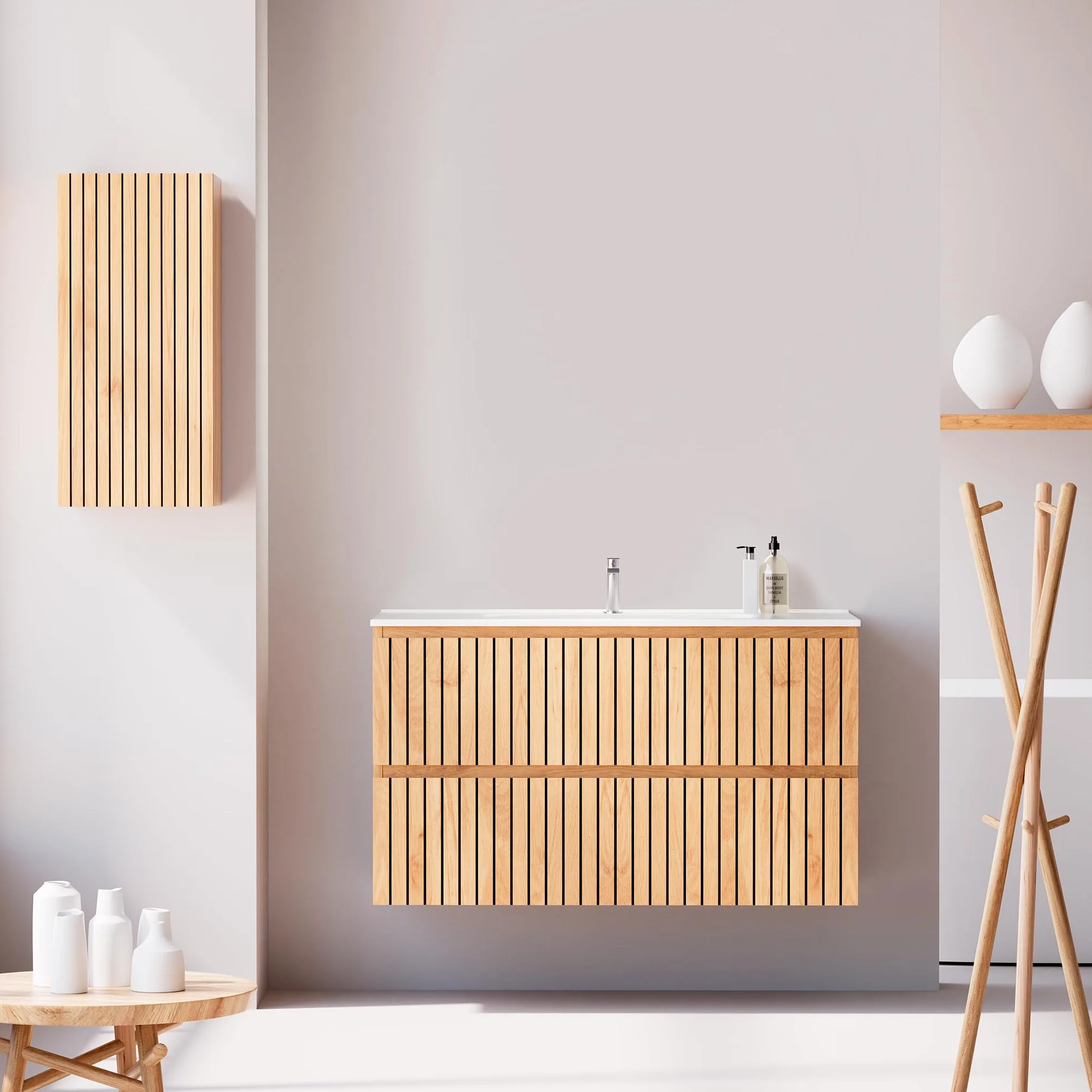 Conjunto Mueble Baño Tiger 100 cm Roble Nórdico con Encimera Cerámica Blanca Brillo, Lavabo Incluido, 2 Cajones Soft Close, Diseño Suspendido, Gran Almacenaje práctico y Funcional