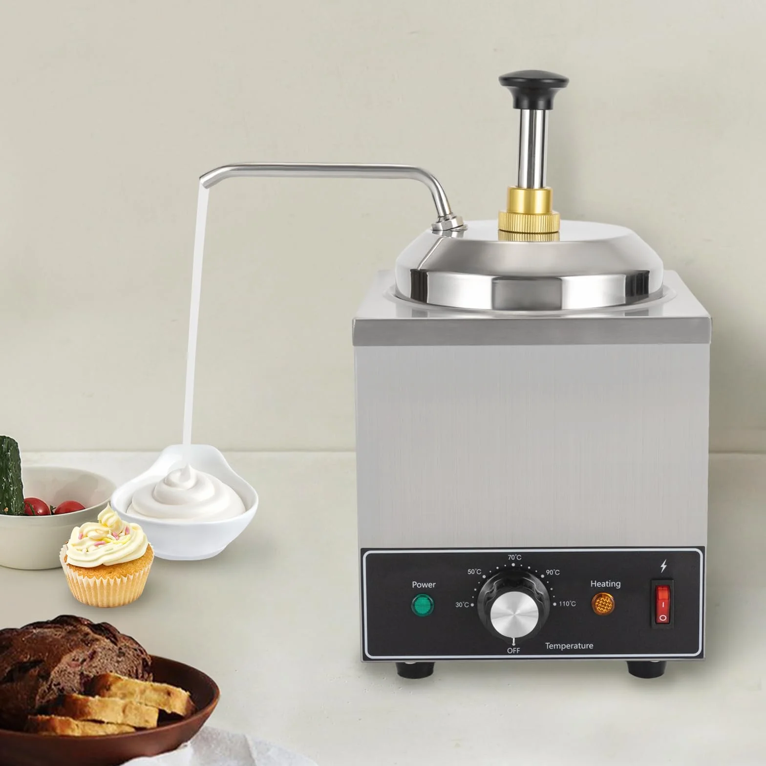 Dispensador de chocolate con bomba, calentador de salsa de acero inoxidable, capacidad de 2 litros, temperatura ajustable 30-110 ℃, ideal para cafés, snack bar y restaurantes para almacenar salsas y