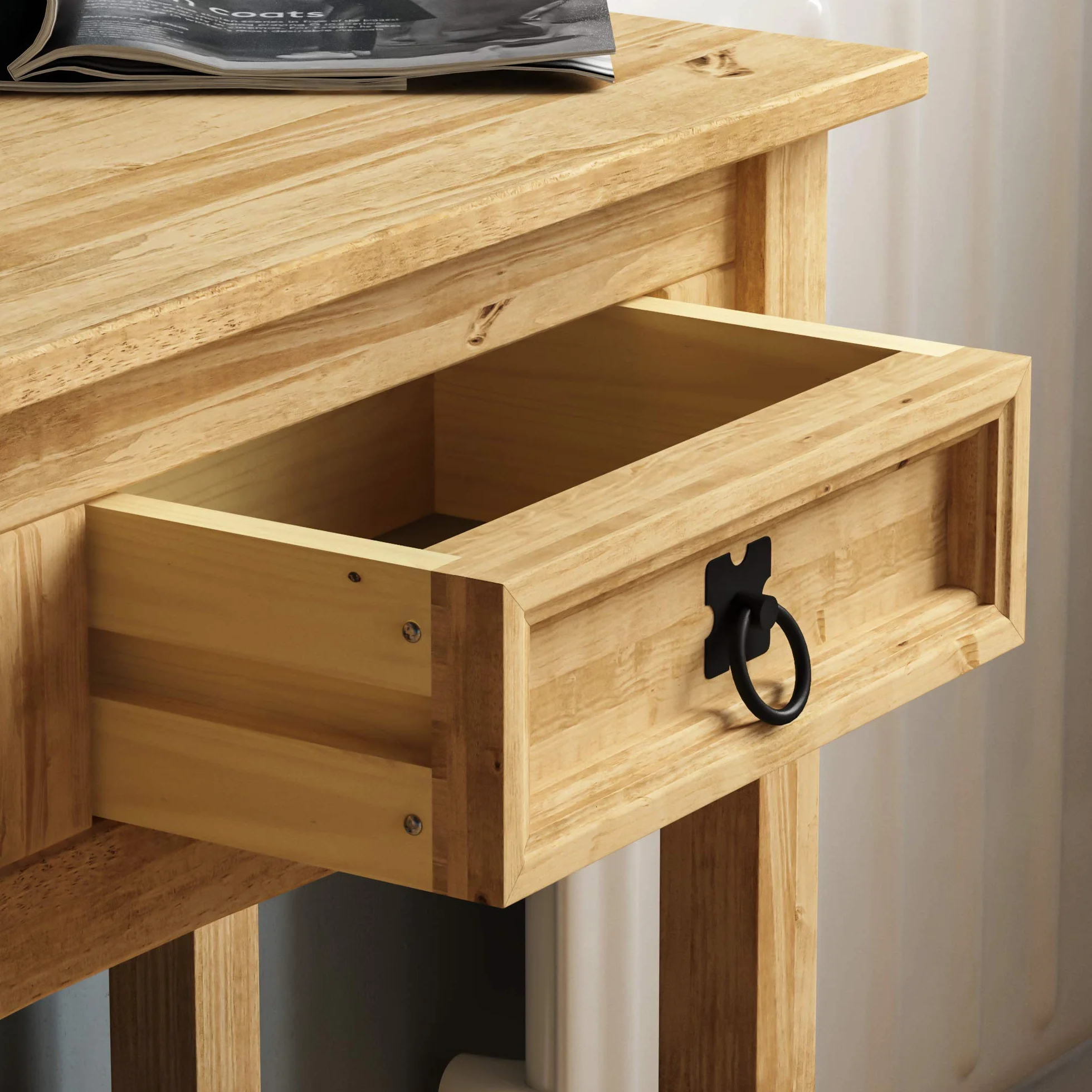 Amazon Basics Mesa consola, 2 cajones con estante, rectangular, madera de pino maciza encerada, tradicional, rústica, 79 x 211 x 178 cm
