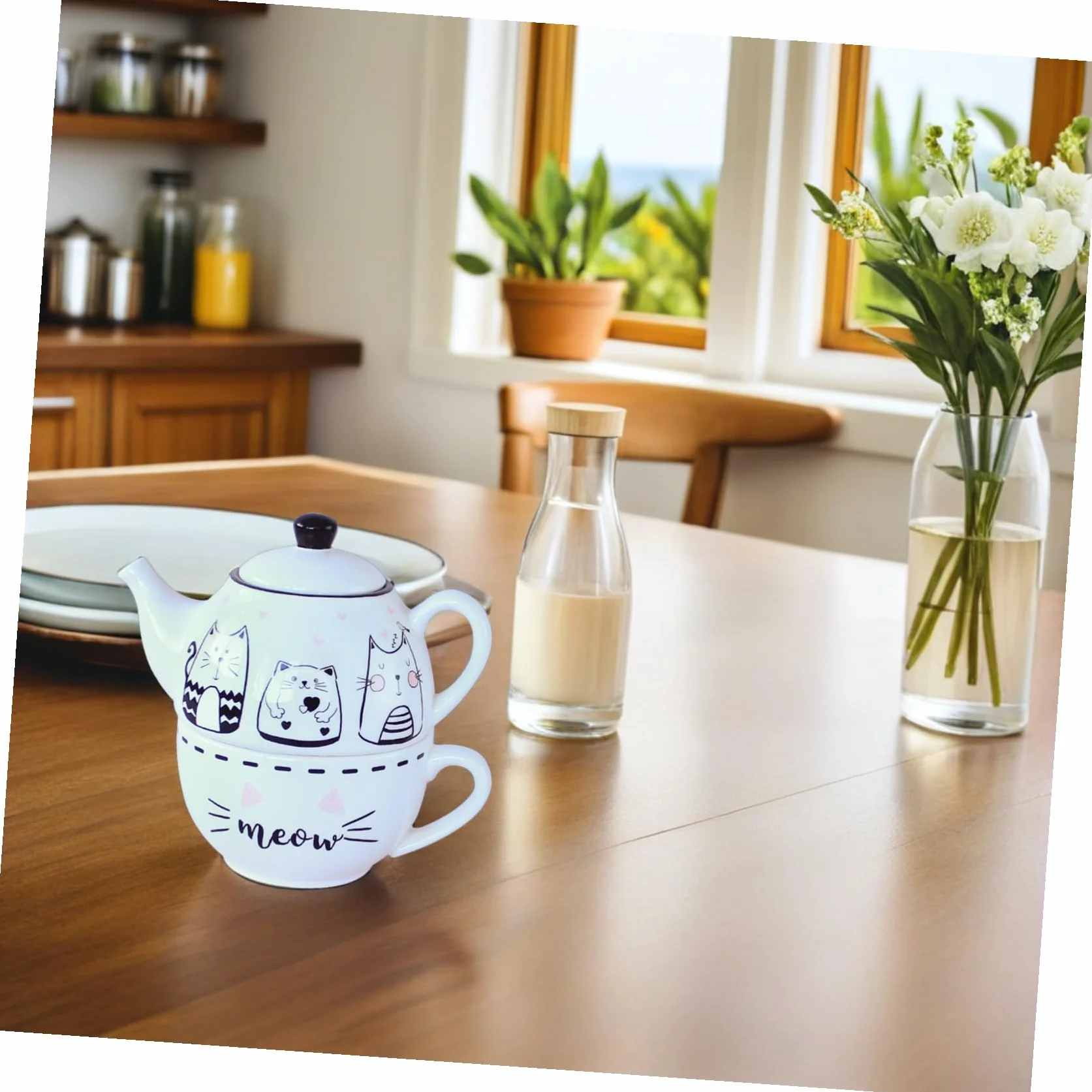 Toyvian Juego de Té de Cerámica Tetera y Taza en Blanco Diseño de Gato Adorable, Adecuado para Decoración del Hogar y Aficionados al Té