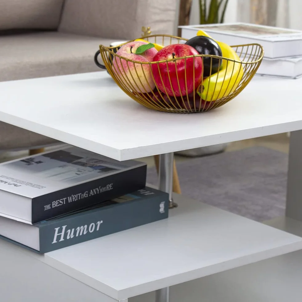 BAKAJI Mesita de salón Blanca para Sala de Estar, café, para Ordenador, Mesa de salón Lateral, sofá con Doble Estante y Estructura de Madera, diseño Moderno, 41 x 91 x 52,6 cm, decoración para el