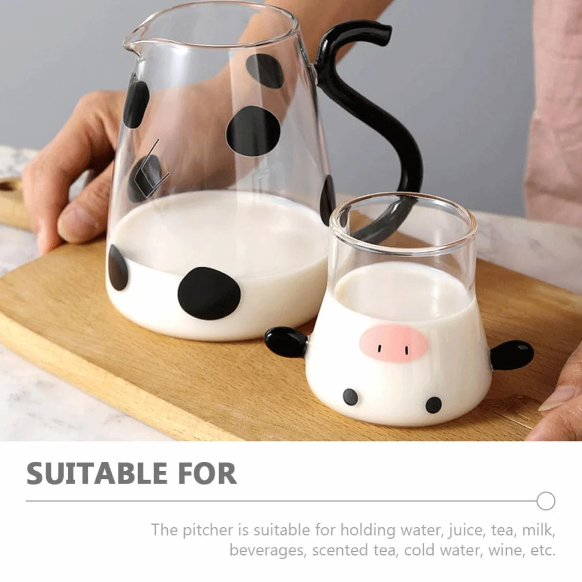 Gadpiparty Jarra de Agua Fría de Vidrio Forma de Vaca, Capacidad 1800ml, Set Multifuncional Tapa y Vaso para Hogar y Restaurante