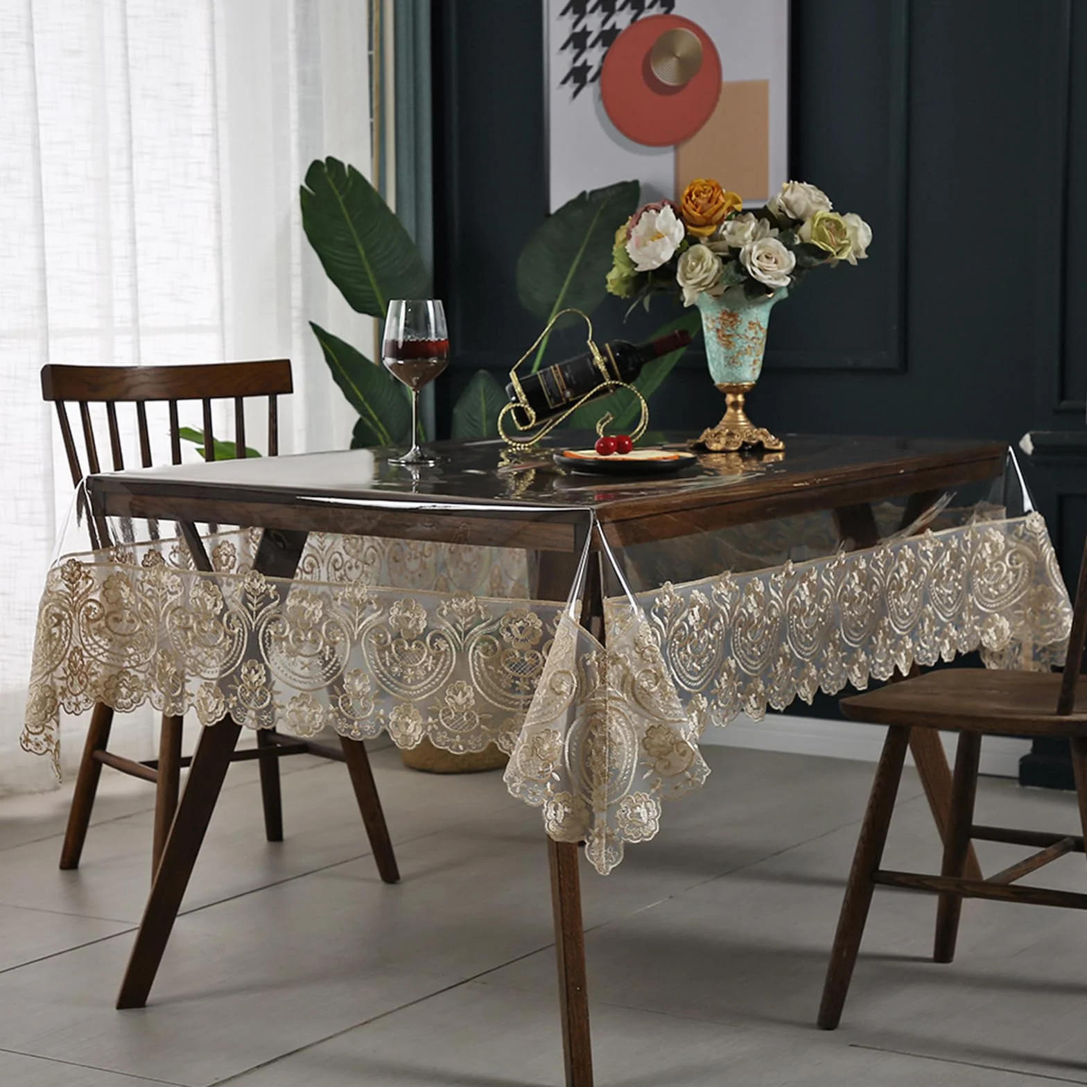 Qubjus Mantel de plástico transparente, impermeable, rectangular, de vinilo, con encaje bordado, para comedor, cocina, bufé, banquetes, fiestas (60 x 98 pulgadas, café)