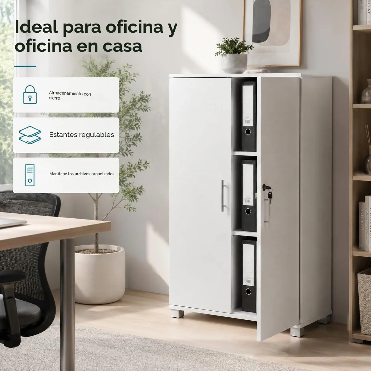 MMT - Armario de Almacenamiento de Oficina, Madera Blanca, 120 cm de Alto, con Cerradura, para Oficina, Garaje, Utilidad.