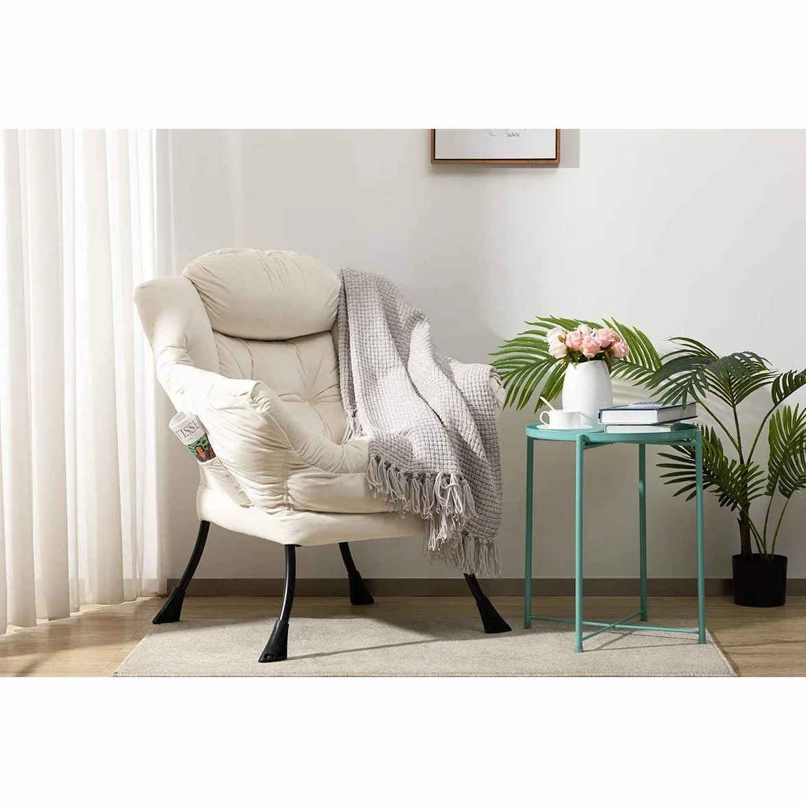 HollyHOME Sillon para Salon Sillón Relax Terciopelo Sillon Lectura Dormitorio Comodos Butacas de Salon Silla en Metal, Beige