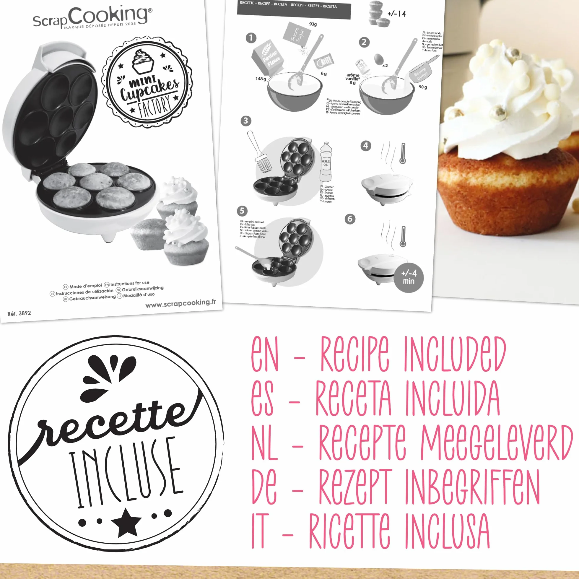 ScrapCooking - Máquina de Cupcakes y Muffins - Mini Cupcakes Factory - Aparato para Hacer Muffins en 5 Minutos - Idea de Regalo para Repostería y Cocina - Receta Incluida - 3892