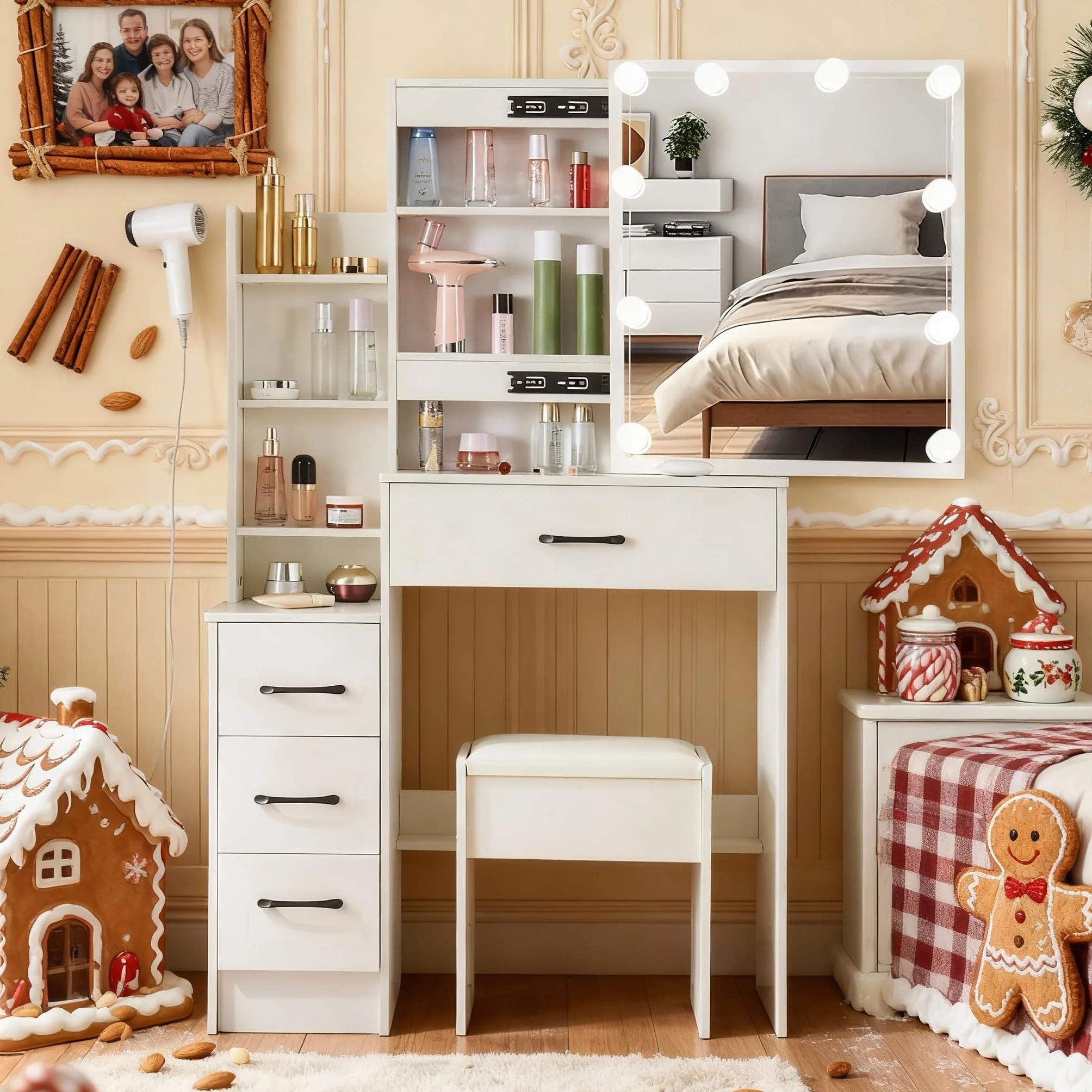 Tocador con iluminación y taburete, mesa de maquillaje con color de luz y brillo ajustables, mueble de cosméticos con 6 cajones y 6 compartimentos de almacenamiento para dormitorio