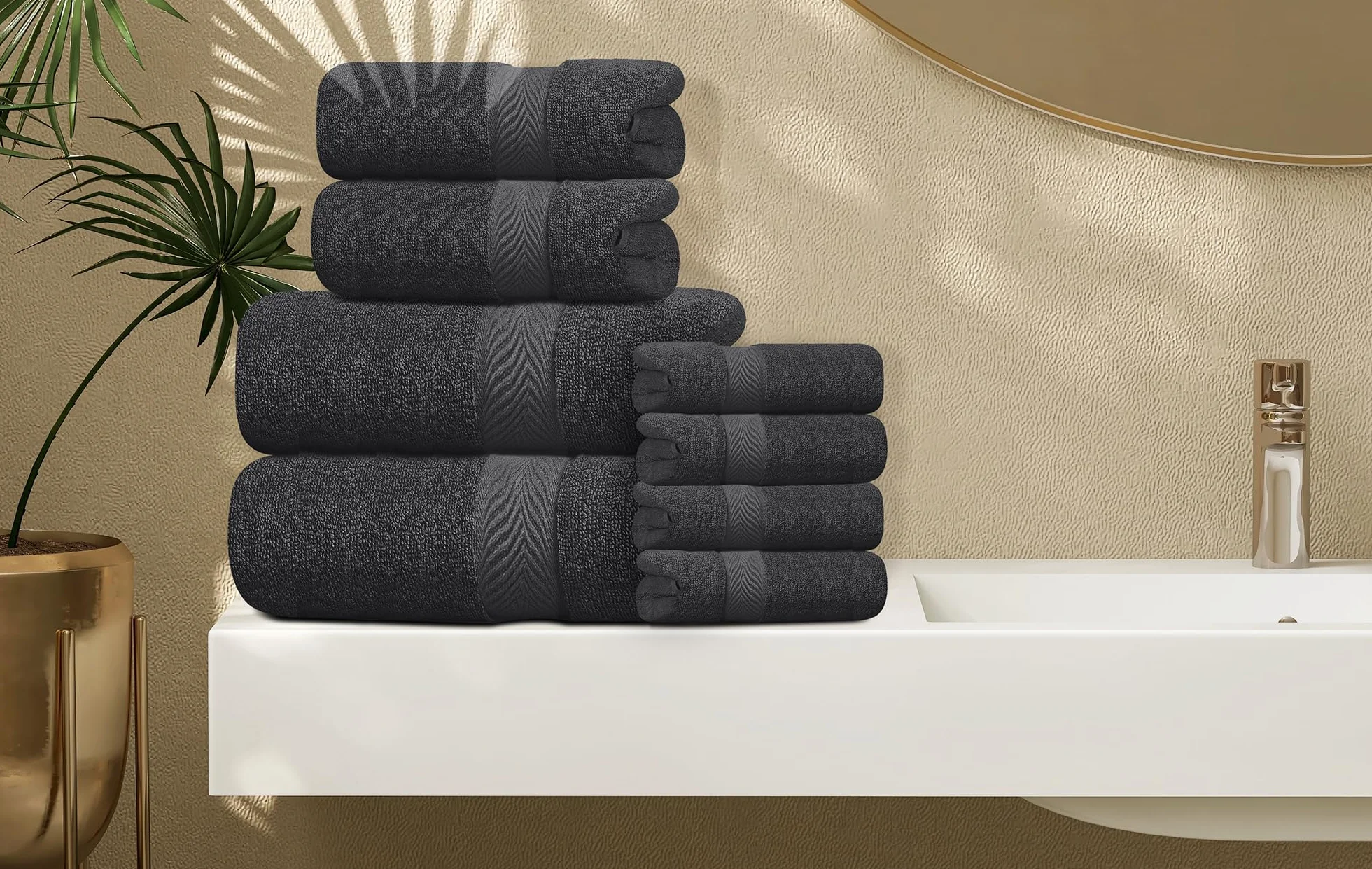 Oakias Juego de 8 toallas de color gris oscuro de 600 g/m², 2 toallas de baño, 2 toallas de mano y 4 paños de baño, altamente absorbentes