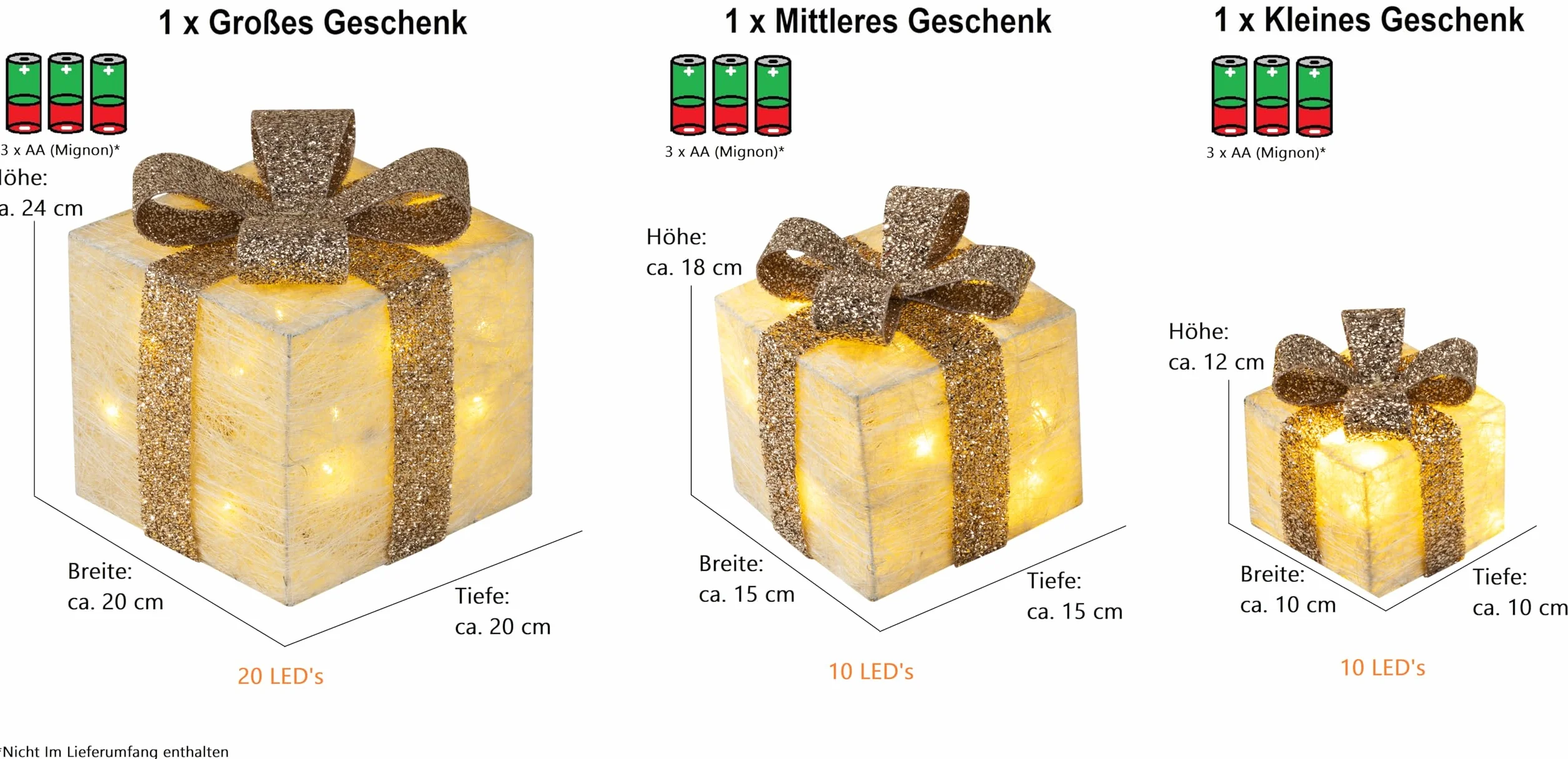 ¡Bambelaa! Cajas de Regalo Led Decoración con Luz - Set de 3 Incl. Función Temporizador - Decoración Navideña Decoración Navideña Iluminación (Oro)