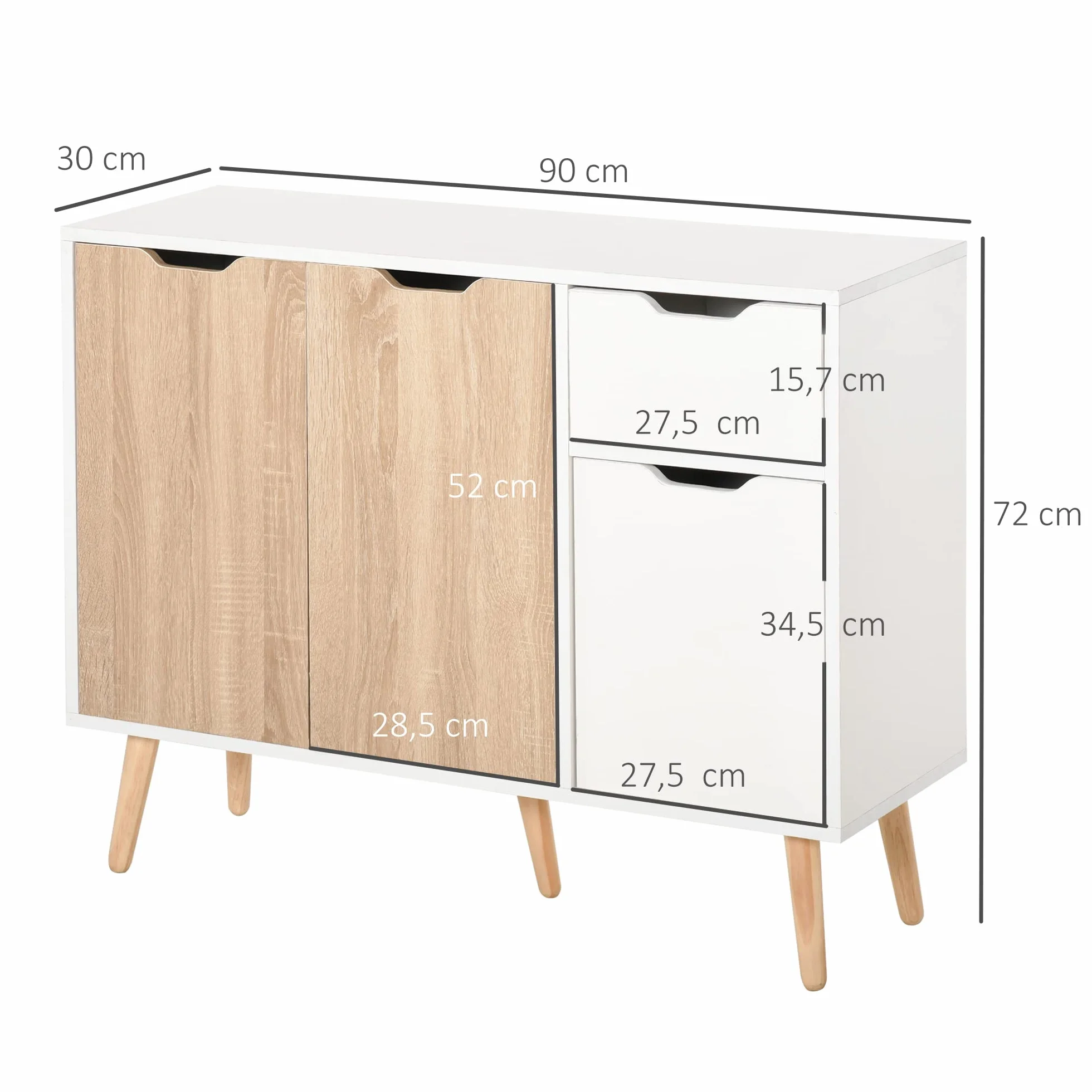 HOMCOM Aparador Moderno 90x30x72 cm Blanco y Natural con 3 Puertas y Cajón