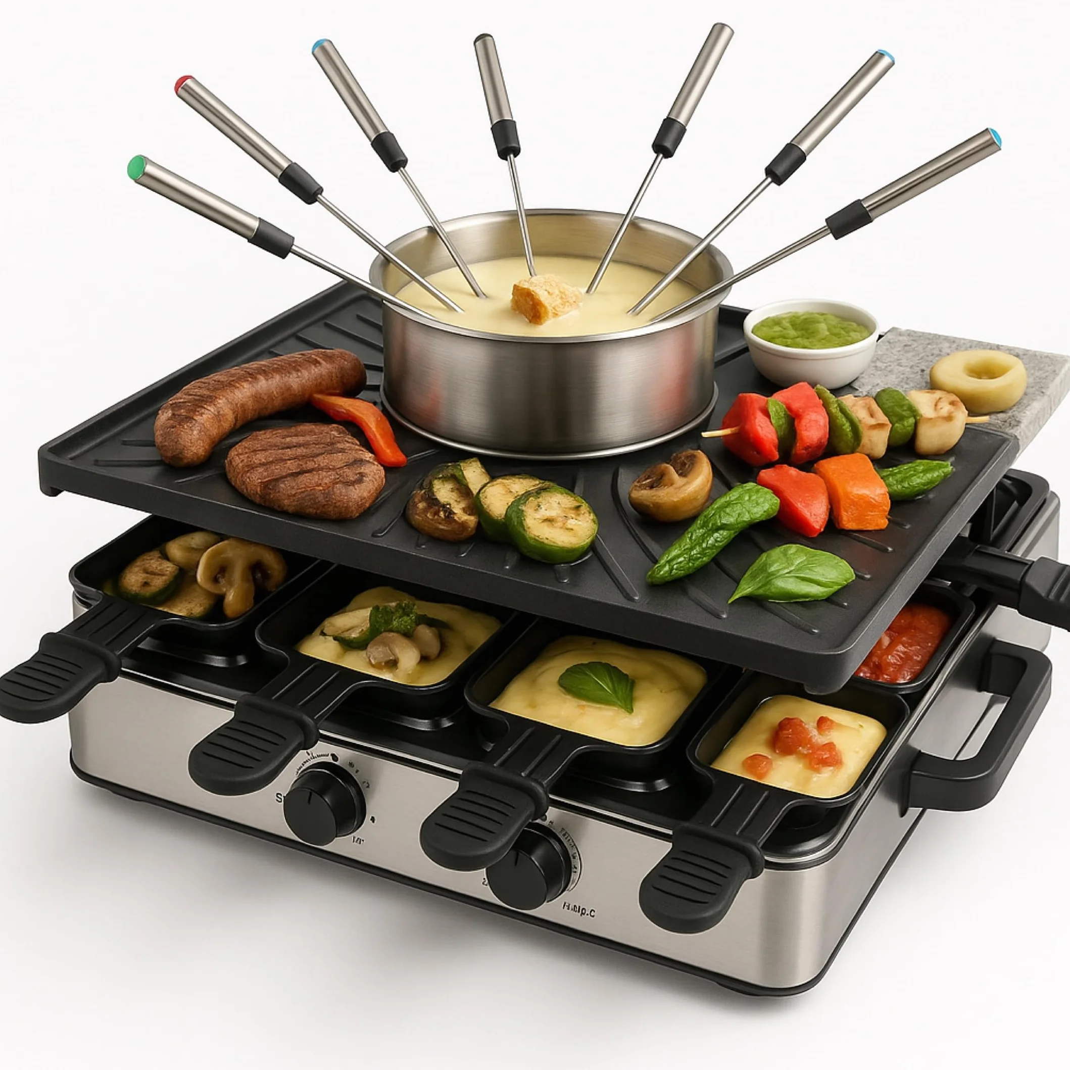 Set de fondue y raclette para 8 personas con sartenes y raspador - Inoxidable y regulable (Set de fondue)