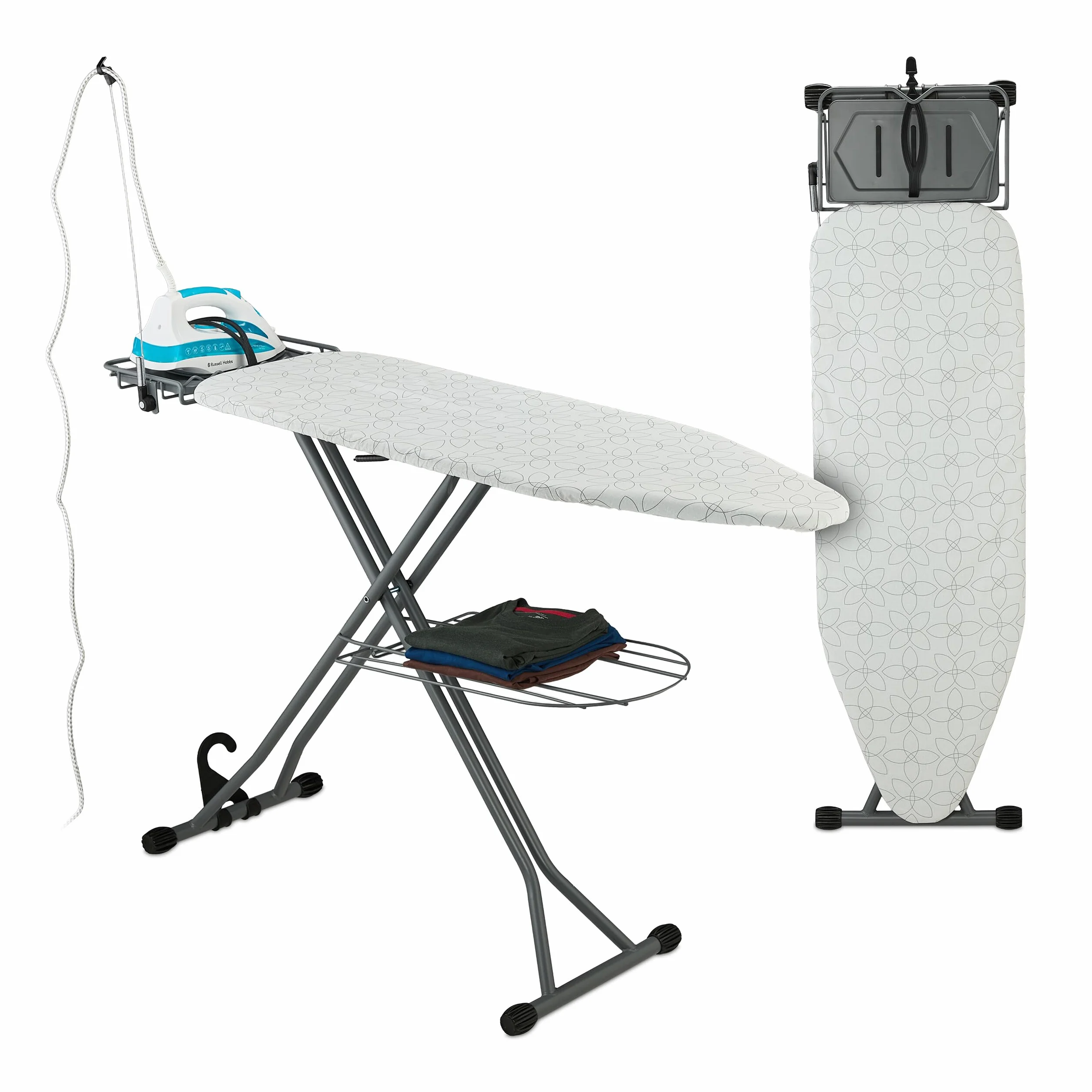 Relaxdays Tabla de Planchar para Plancha de Vapor, 115 x 39 cm, Regulable en Altura, Plegable, Estante, Blanco/Plateado