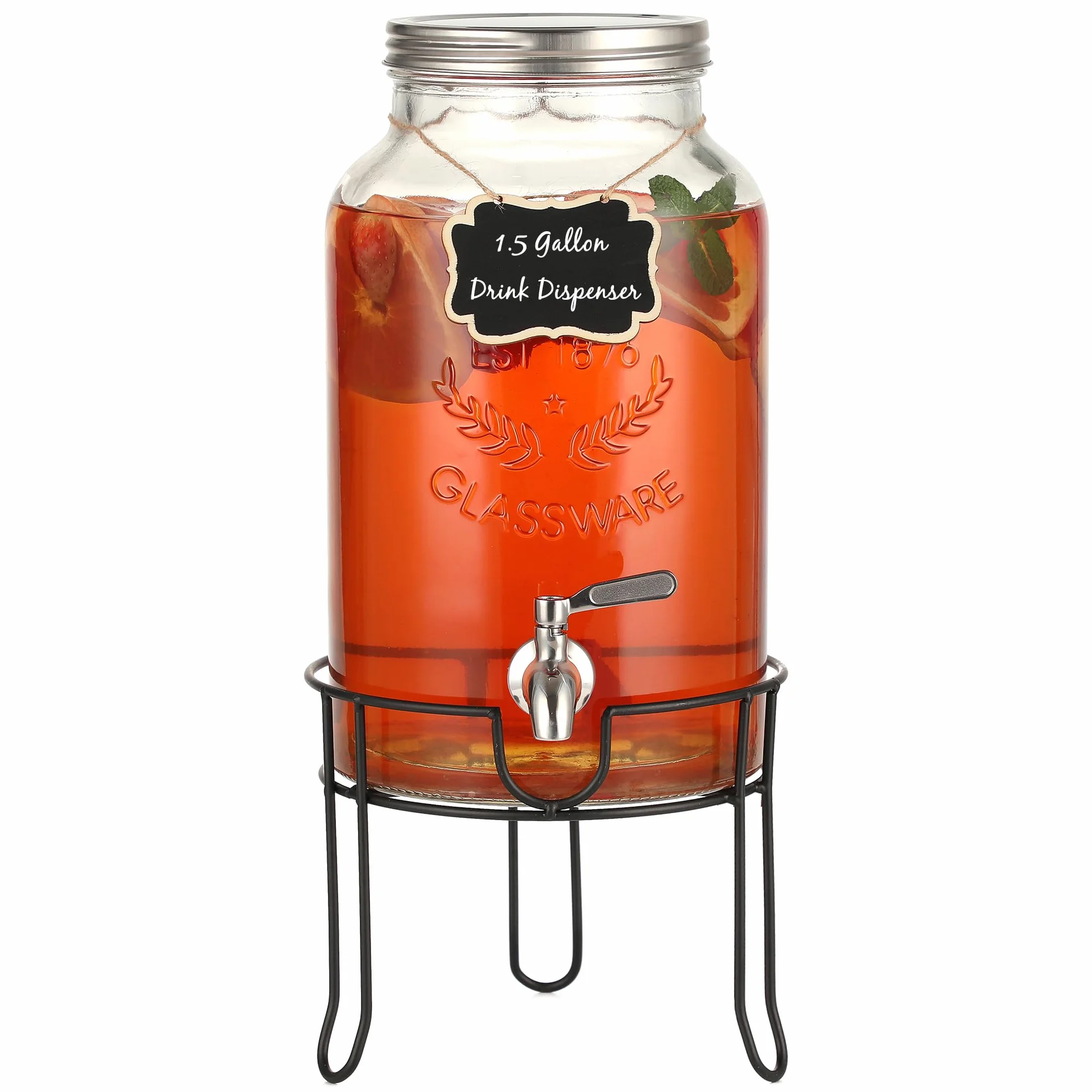 Dispensador de bebidas de vidrio de 1.5 galones con soporte, espiga impermeable de acero inoxidable y tapa, dispensadores de bebidas de vidrio para fiestas, dispensador de bebidas de agua