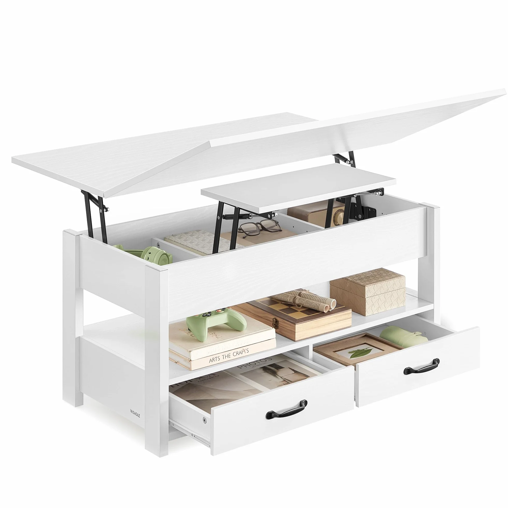 VASAGLE Mesa de Centro, Regulable en Altura, con Pistón de Gas, 2 Cajones y 3 Compartimentos Bajo el Tablero, Mesa de Café con 1 Compartimento Abierto, para Salón o Estudio, Blanco Nieve LCT254W02