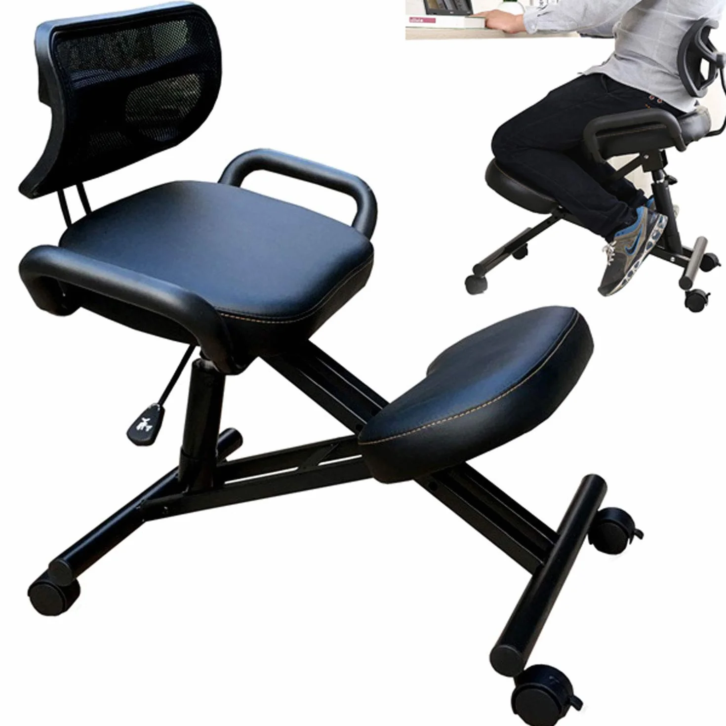 Silla de Rodillas Ajustable en Altura Taburete de Rodillas Ergonómica con Ruedas y Respaldo Sillas Ergonomicas Oficina para Alivia la Fatiga del Cuello y Las Piernas