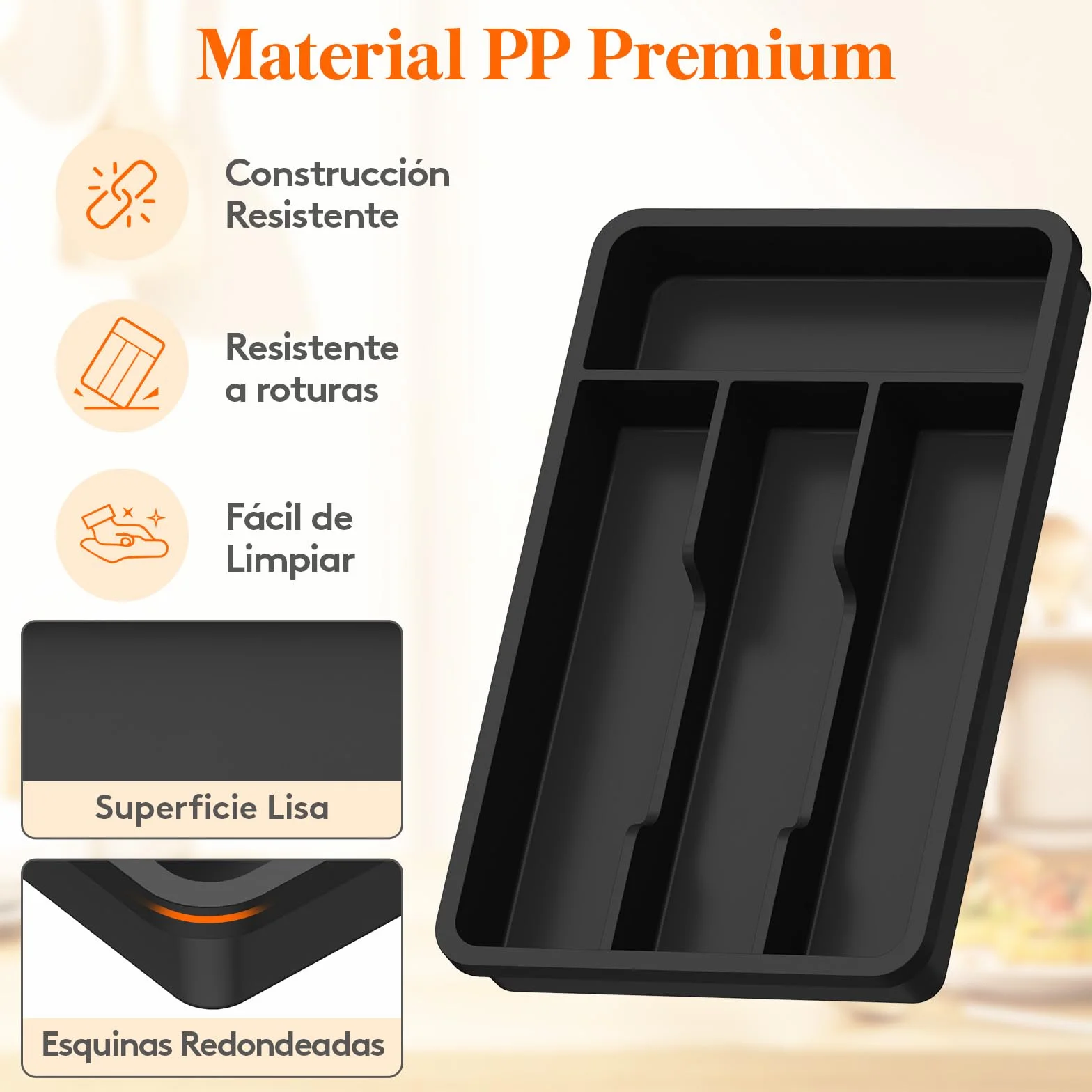 Lifewit Bandeja para Cubiertos 4 Compartimentos 19,8x31,5 cm Organizador Cajón Cocina Plástico Negro