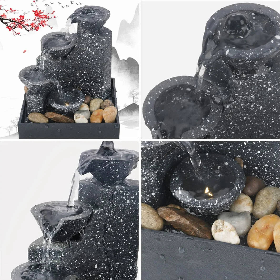 PRETYZOOM Fuente de Agua Artificial Pequeña para Escritorio y Hogar, Adorno de Cascada Negro de Abs Dos Métodos de Alimentación y Acabado Fino
