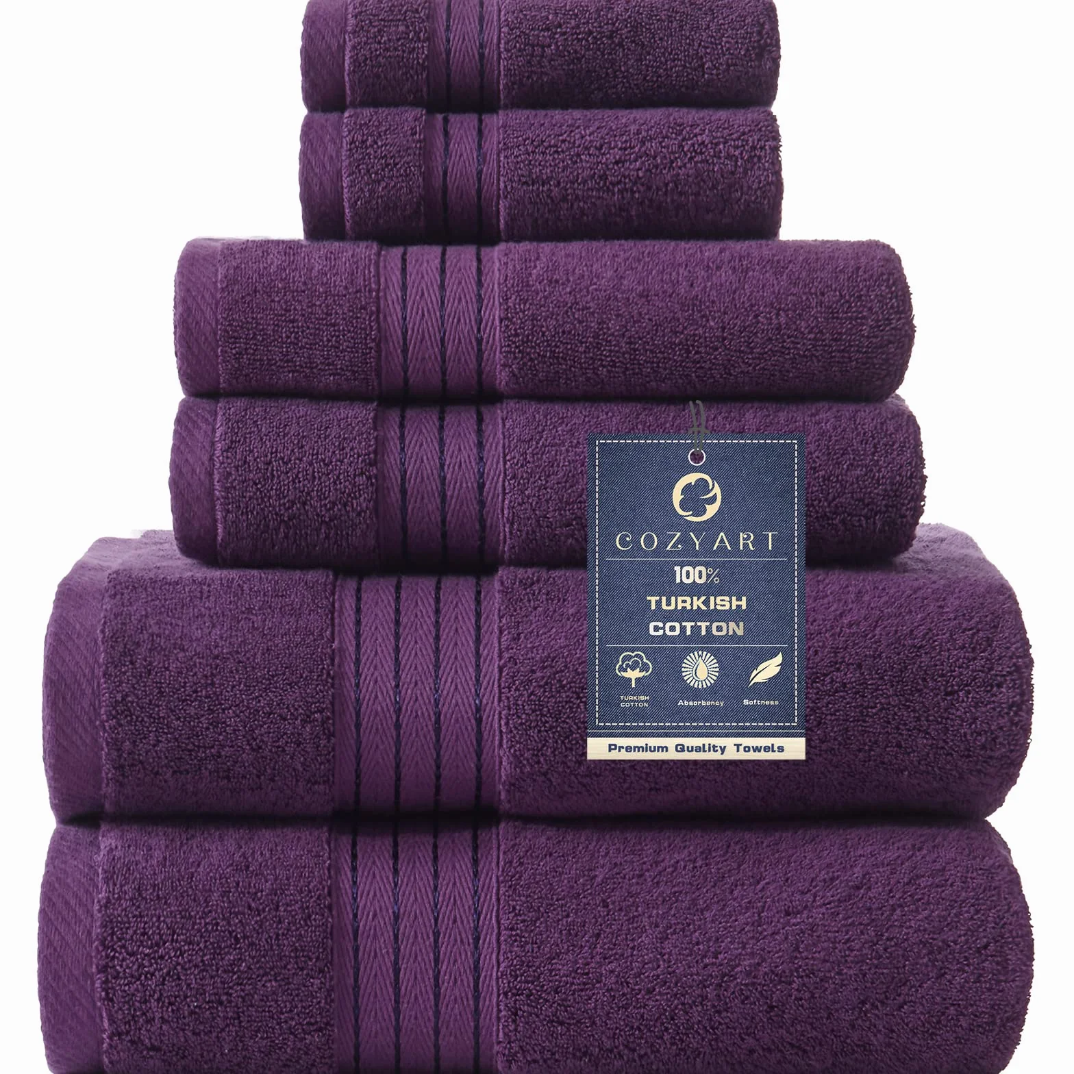 COZYART Juego de toallas de baño moradas para baño, suaves, absorbentes, duraderas, 650 g/m², juego de 6, 2 toallas de baño grandes, 2 toallas de mano, 2 toallas de baño