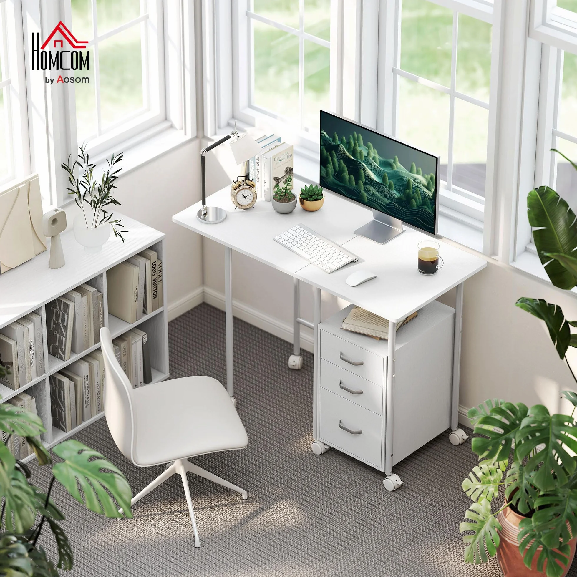 HOMCOM Escritorio Plegable con Ruedas y 3 cajones 105x51x75,5 cm Blanco | Escritorio para ordenador, sobre extensible, estructura de acero, para teletrabajo, dormitorio, estudio, estilo moderno.