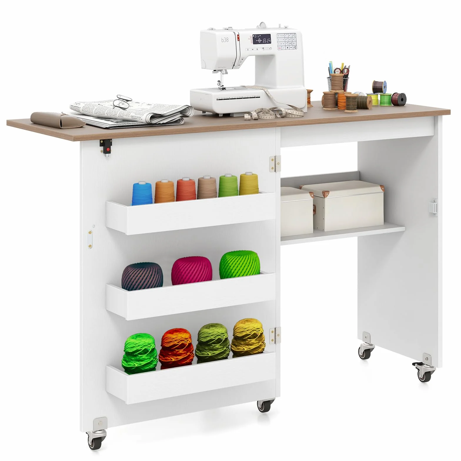 COSTWAY 2 en 1 Mesa Maquina de Coser Plegable, 116x40.5x78cm, Mueble Maquina Coser con 3 Compartimientos Ocultos y Estante, Escritorio Móvil con 5 Ruedas Bloqueables, Ahorro de Espacio (Blanco+Marrón)