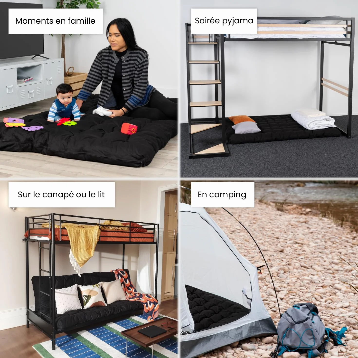 MEUBLE Cosy Futón Portátil Plegable de 2 Plazas, Colchón 135 x 190 x 10 cm, Negro