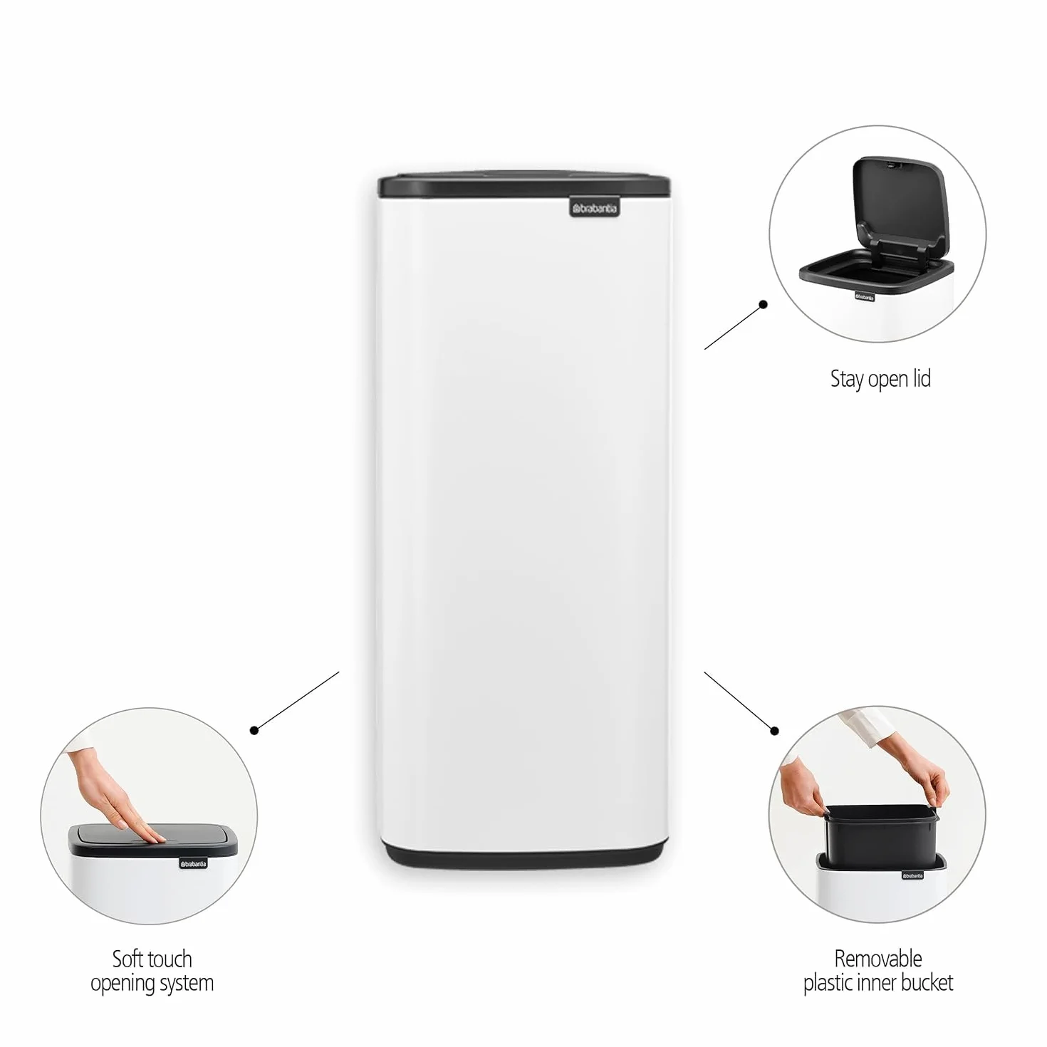 Brabantia Bo Touch Cubo de basura 30L (Plateado mate), cubo basura reciclaje rectangular y compacto, con sistema de abertura Soft-Touch, papelera cocina con cubo extraíble, incluye bolsas PerfectFit