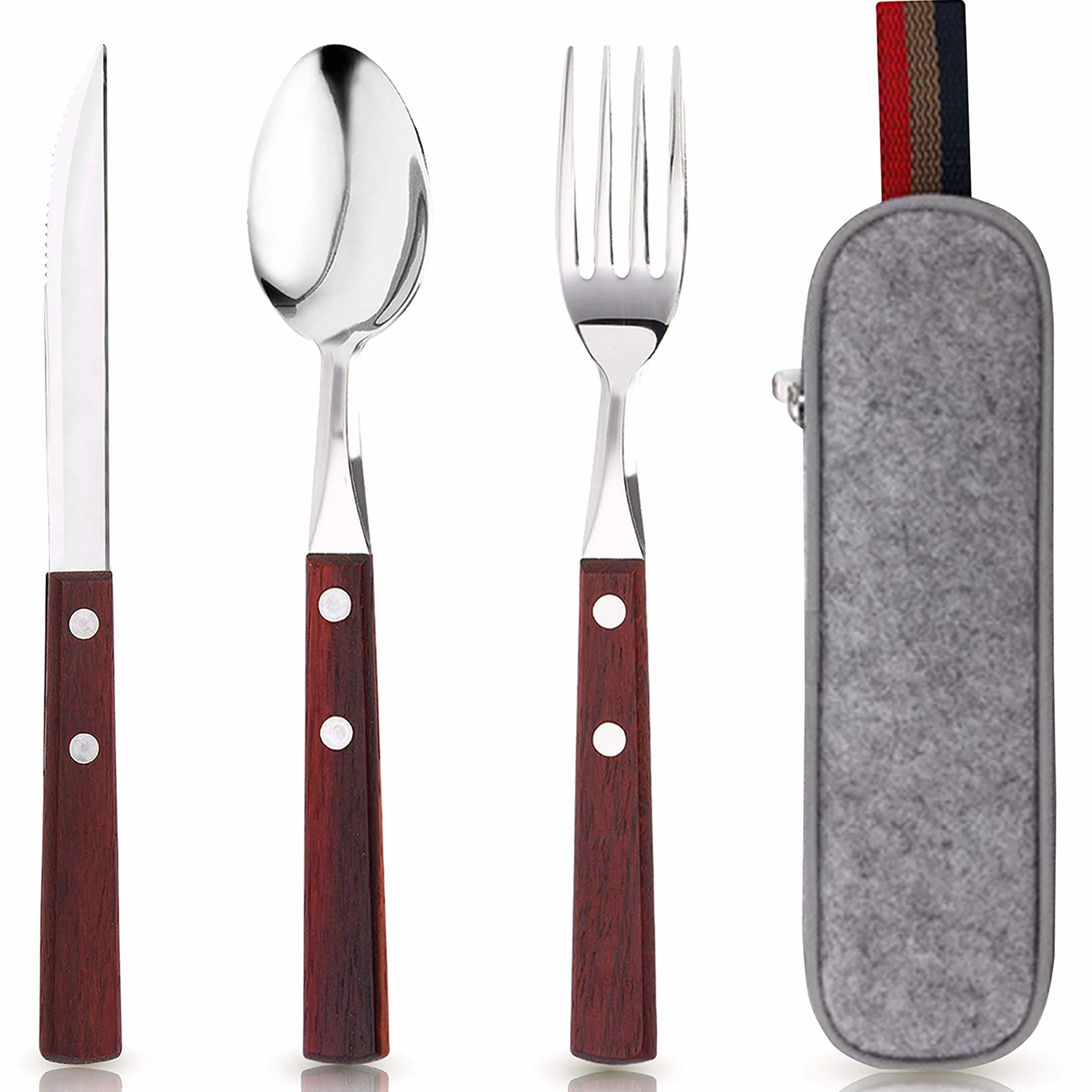 Juego de utensilios de viaje de acero inoxidable de alta calidad con funda, saludable y ecológico, 3 piezas, tenedor, cuchara, portátil, utensilios reutilizables con estuche