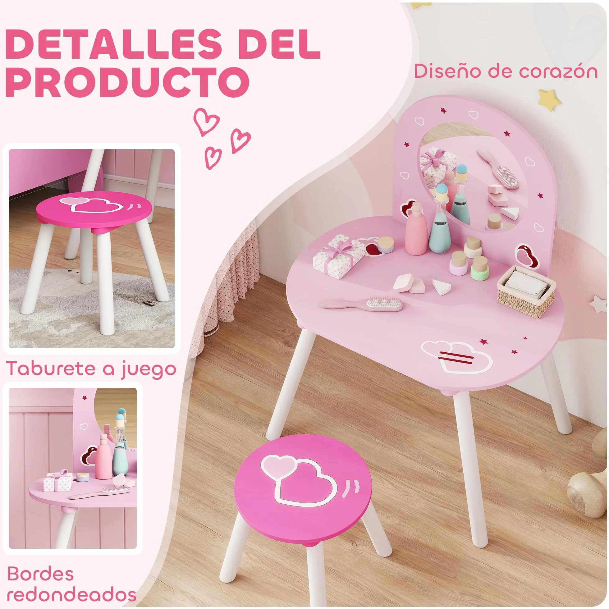 AIYAPLAY Tocador Infantil con Taburete y Espejo, Mesa de Maquillaje para Niñas 3-6 Años, Rosa