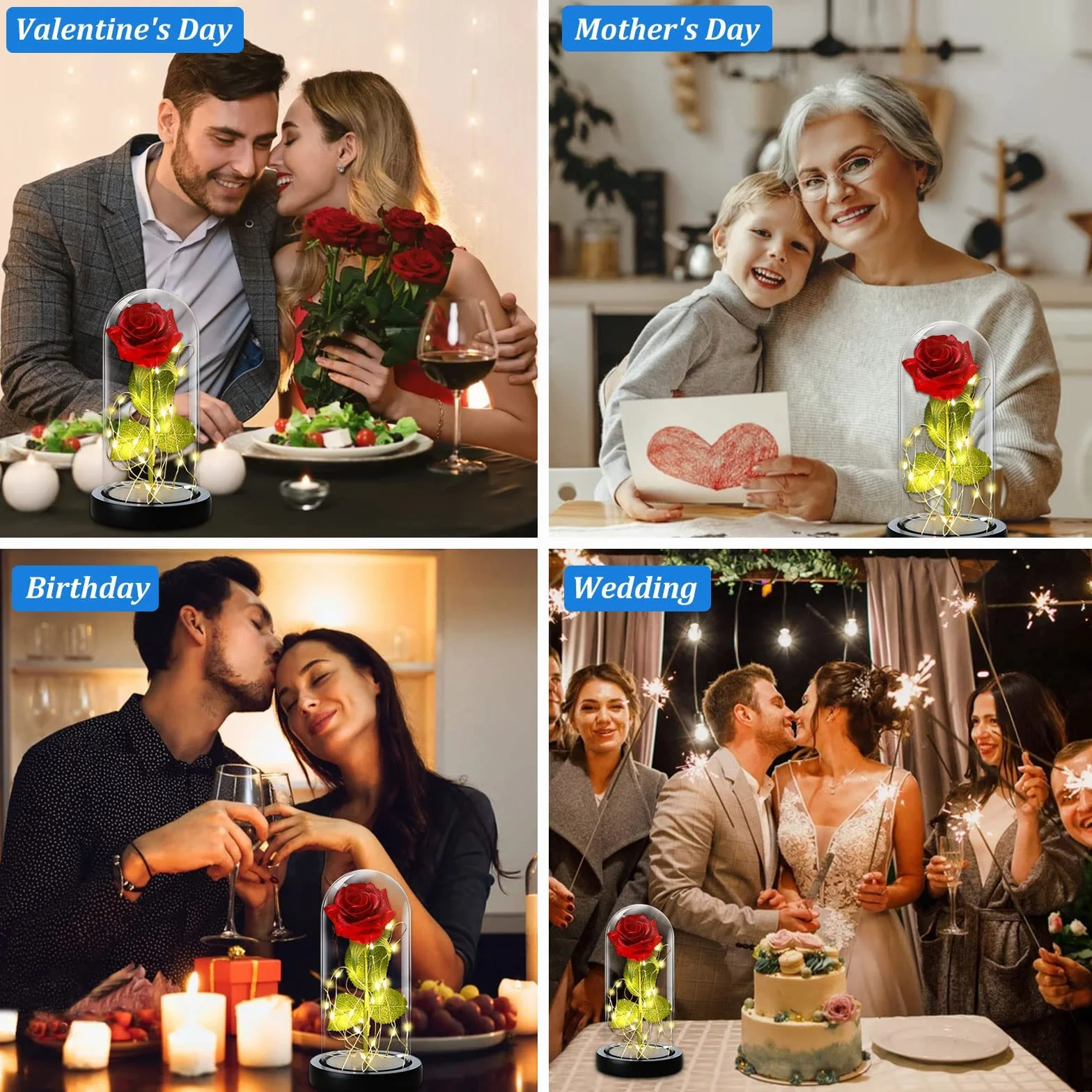 Rosa Eterna Kit Elegante con Cúpula de Cristal Base Pino Luces LED Tarjeta de Felicitación Bella y Bestia