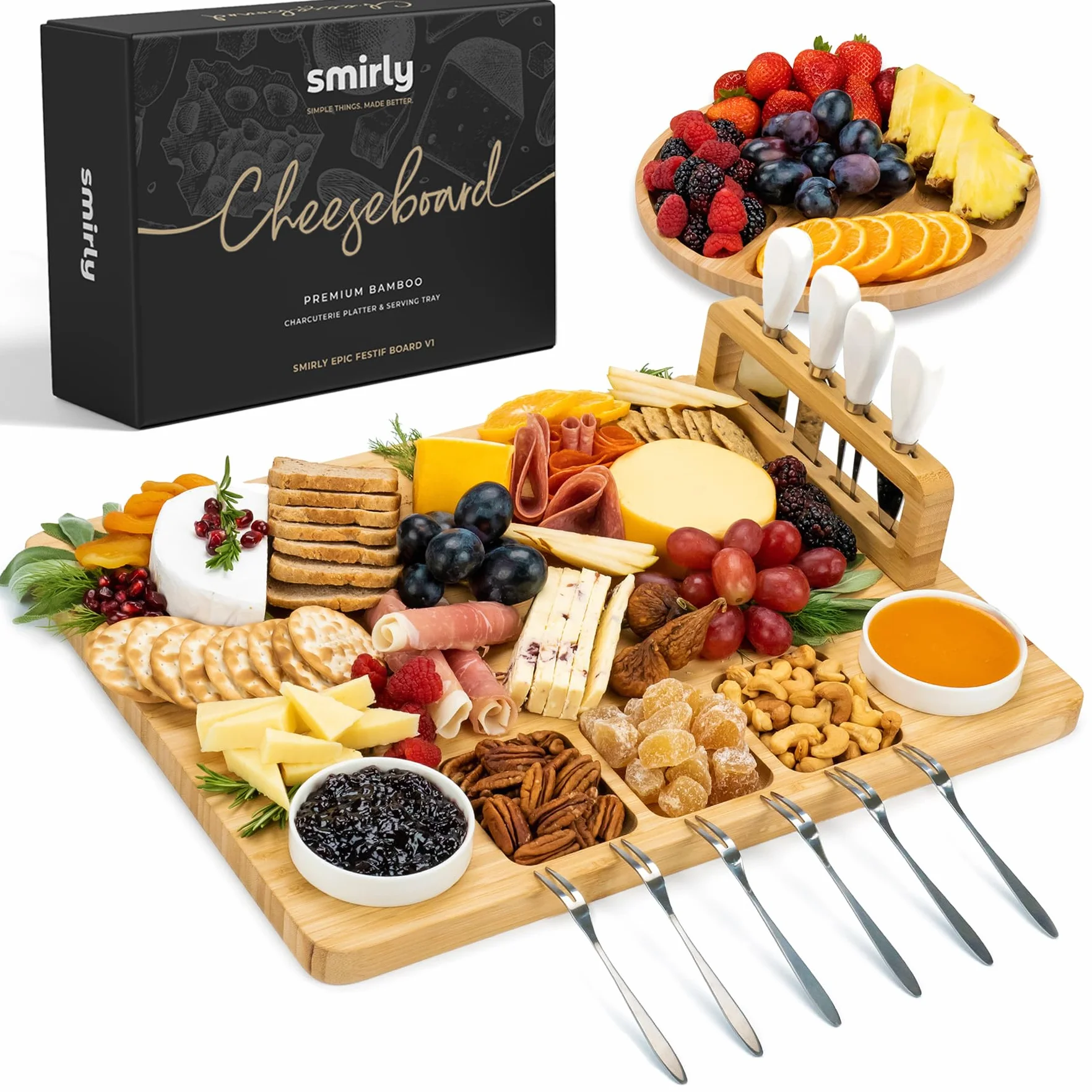 SMIRLY Tabla De Quesos Y Juego De Cuchillos: Tabla De Charcutería, Tabla De Quesos, Tabla De Quesos De Bambú Con Cubiertos, Bandeja De Quesos, Tabla De Quesos De Madera