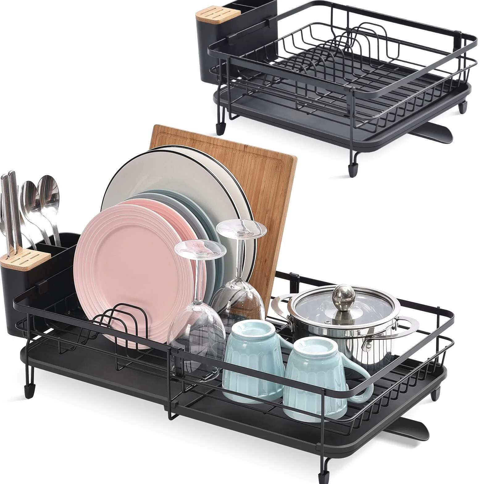 KINGRACK Escurreplatos Extensible de Gran Capacidad con Soporte para Cubiertos Extraíble, Negro