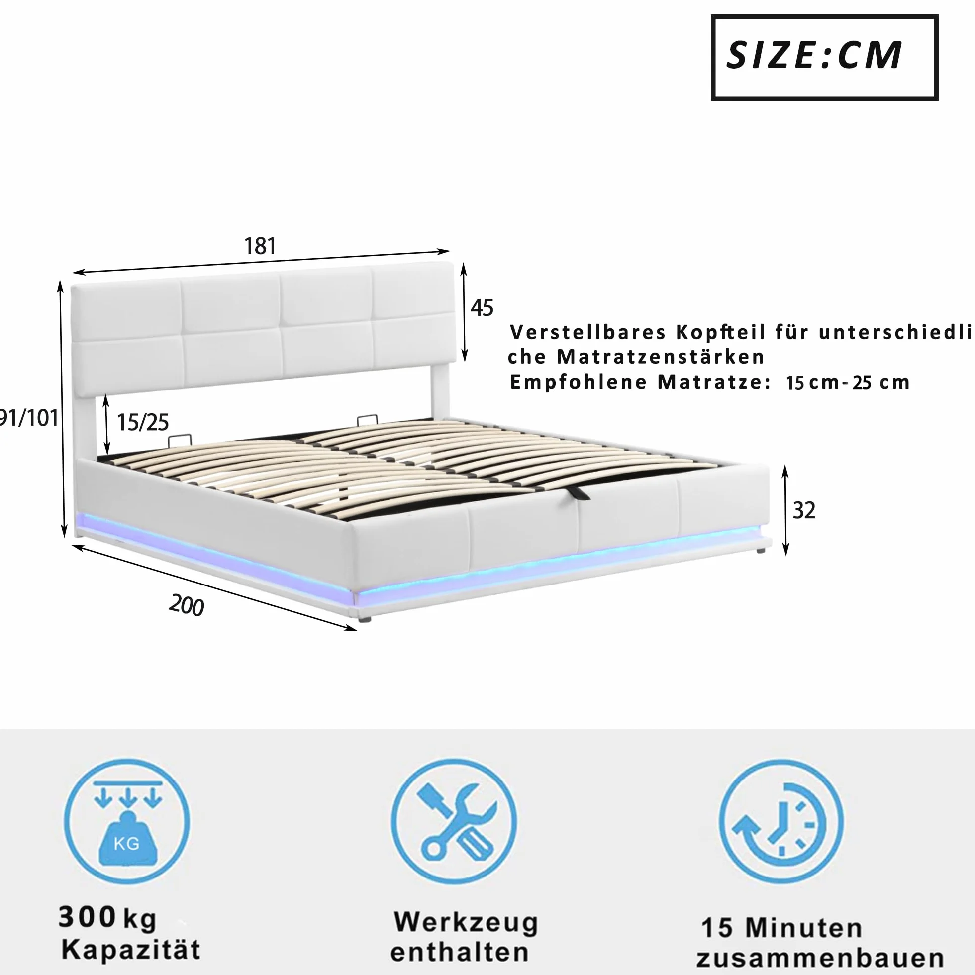 Merax Cama acolchada hidráulica de 180 x 200 cm, con espacio de almacenamiento, cama con iluminación LED, para jóvenes, adultos, piel sintética, color blanco (sin colchón)
