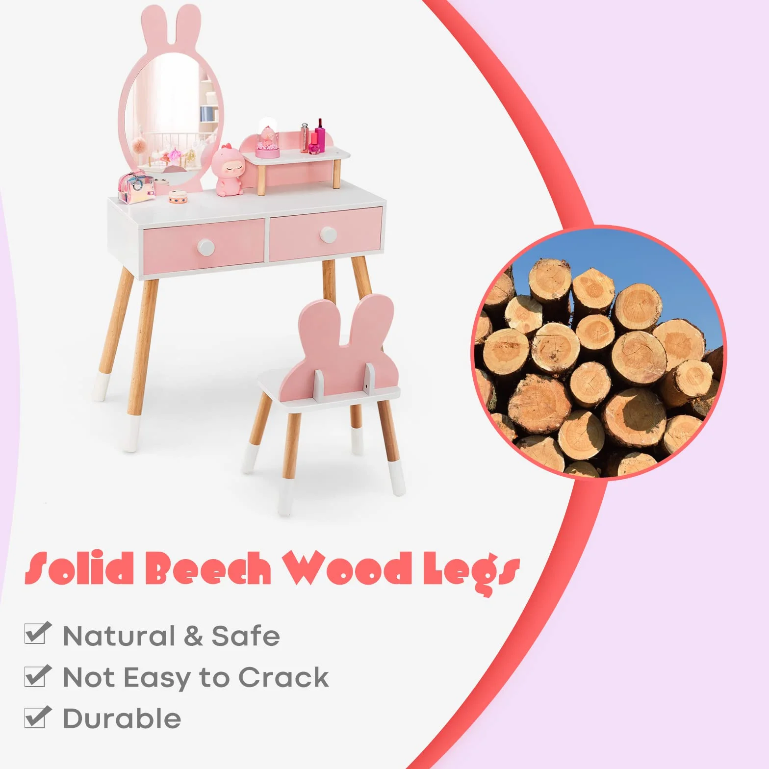 LIFEZEAL Tocador Infantil para niñas 3+, Juego de tocador con Taburete, Mesa de Maquillaje con Espejo en Forma de Conejo, Mesa Escritorio de Madera con 2 cajones y Estante（Rosa）
