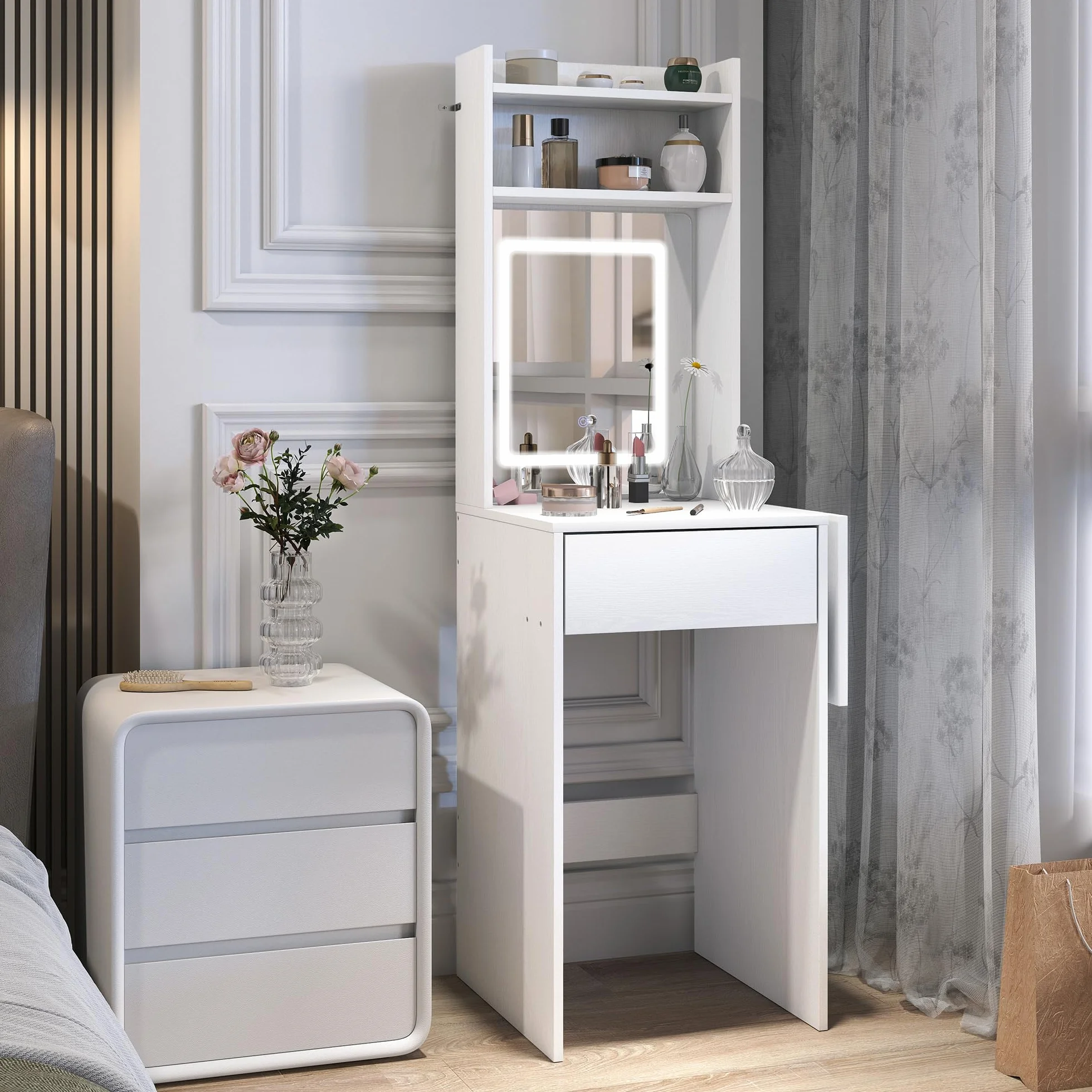 HOMCOM Tocador de Maquillaje con Luces LED de Color Ajustable en 3 Tonos y Espejo Tocador Pequeño Moderno con Lateral Abatible Cajón Compartimentos Abiertos para Espacios Pequeños Blanco